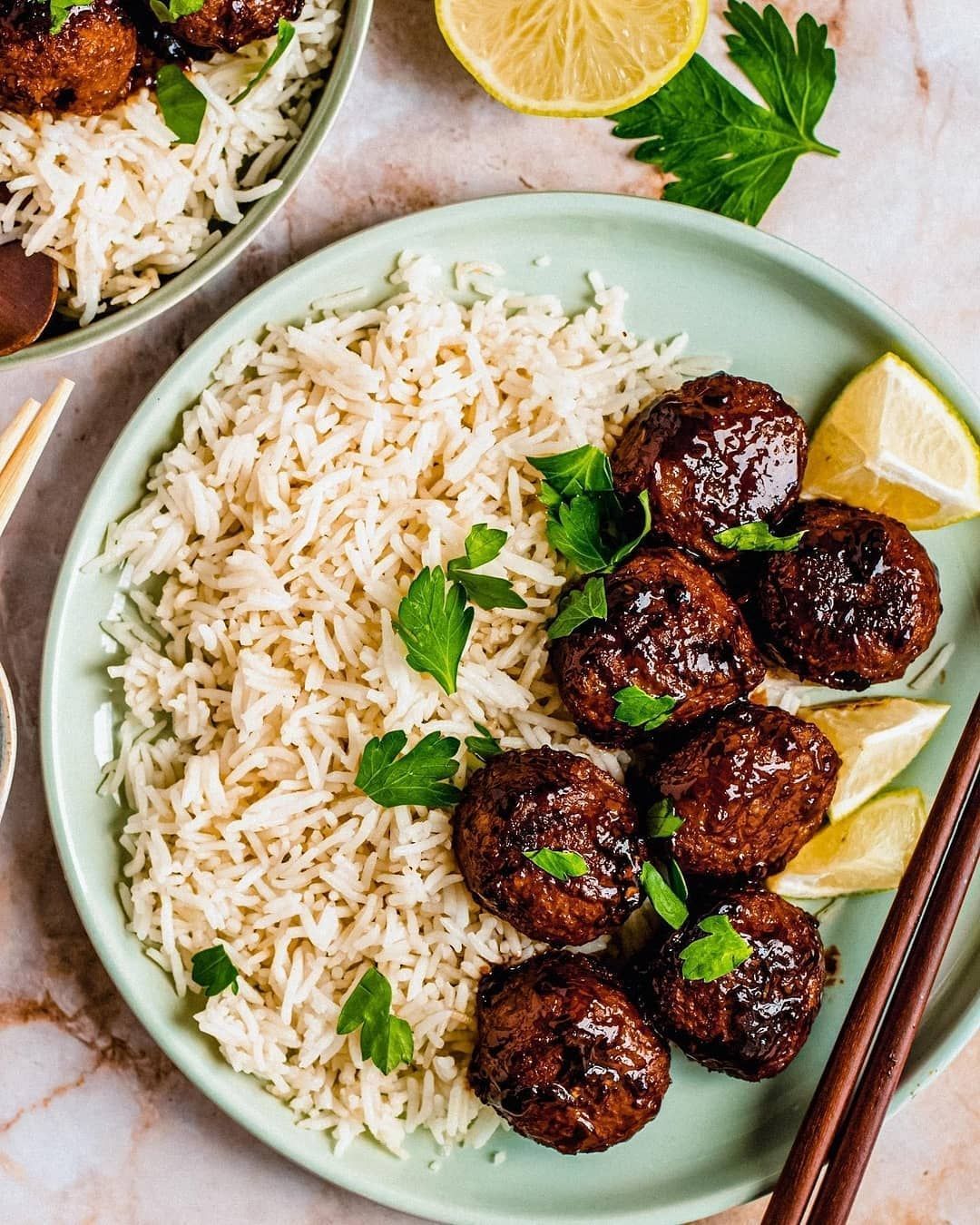Sticky Vegan Meatballs with Basmati Rice