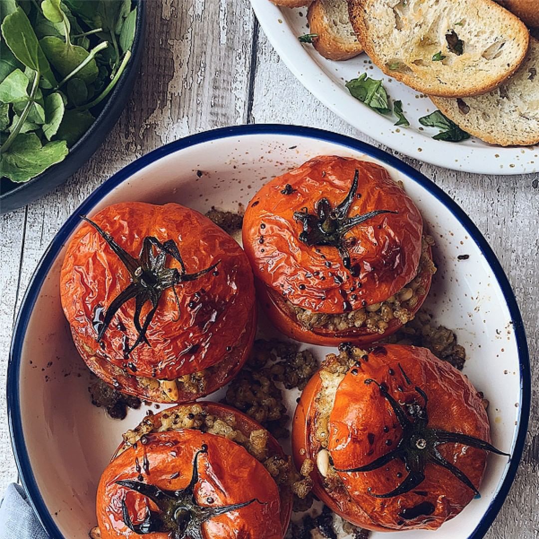 Pesto-Ey Grain Stuffed Tomatoes