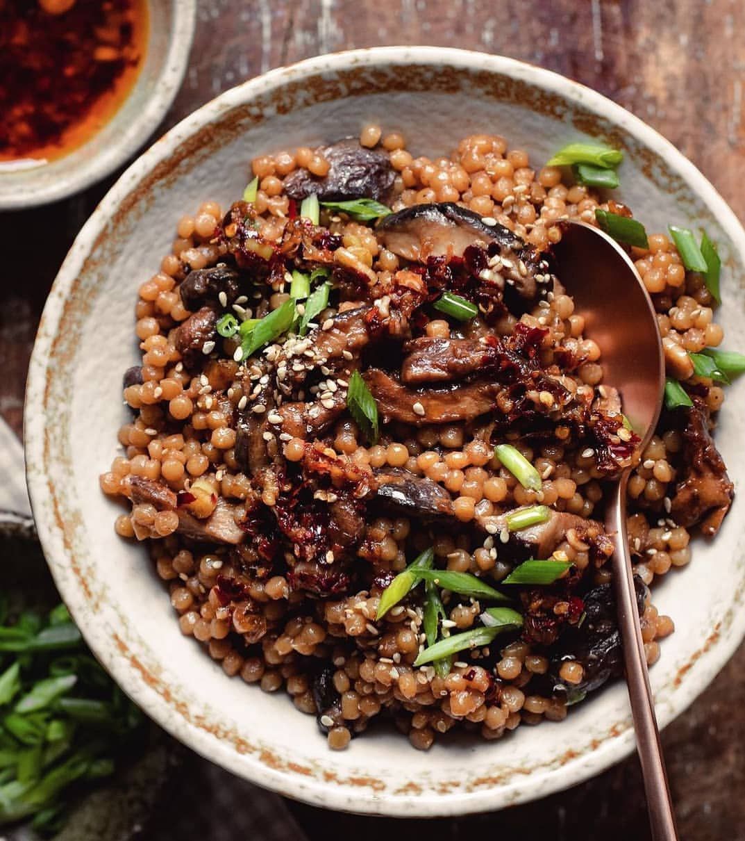 Miso Shiitake Pearl Couscous with Chili Oil