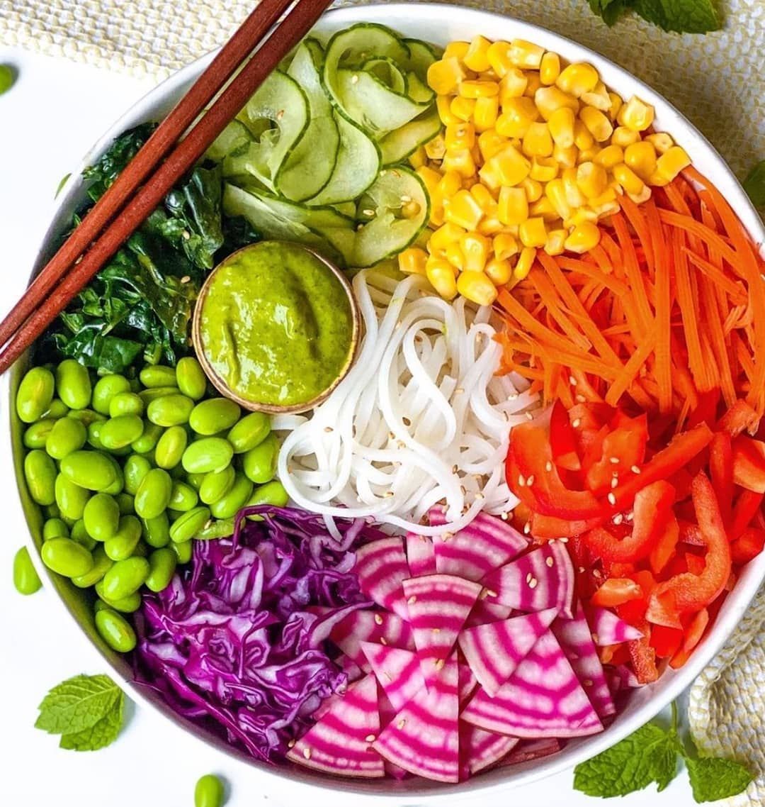 Rainbow Noodle Bowl with Mango Green Goddess Dressing