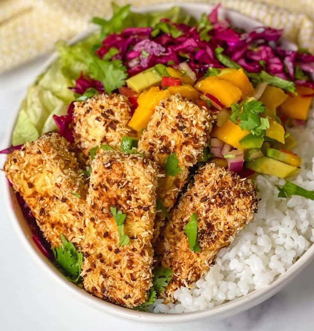 Sweet Chili Coconut Crusted Tofu with Mango Salsa