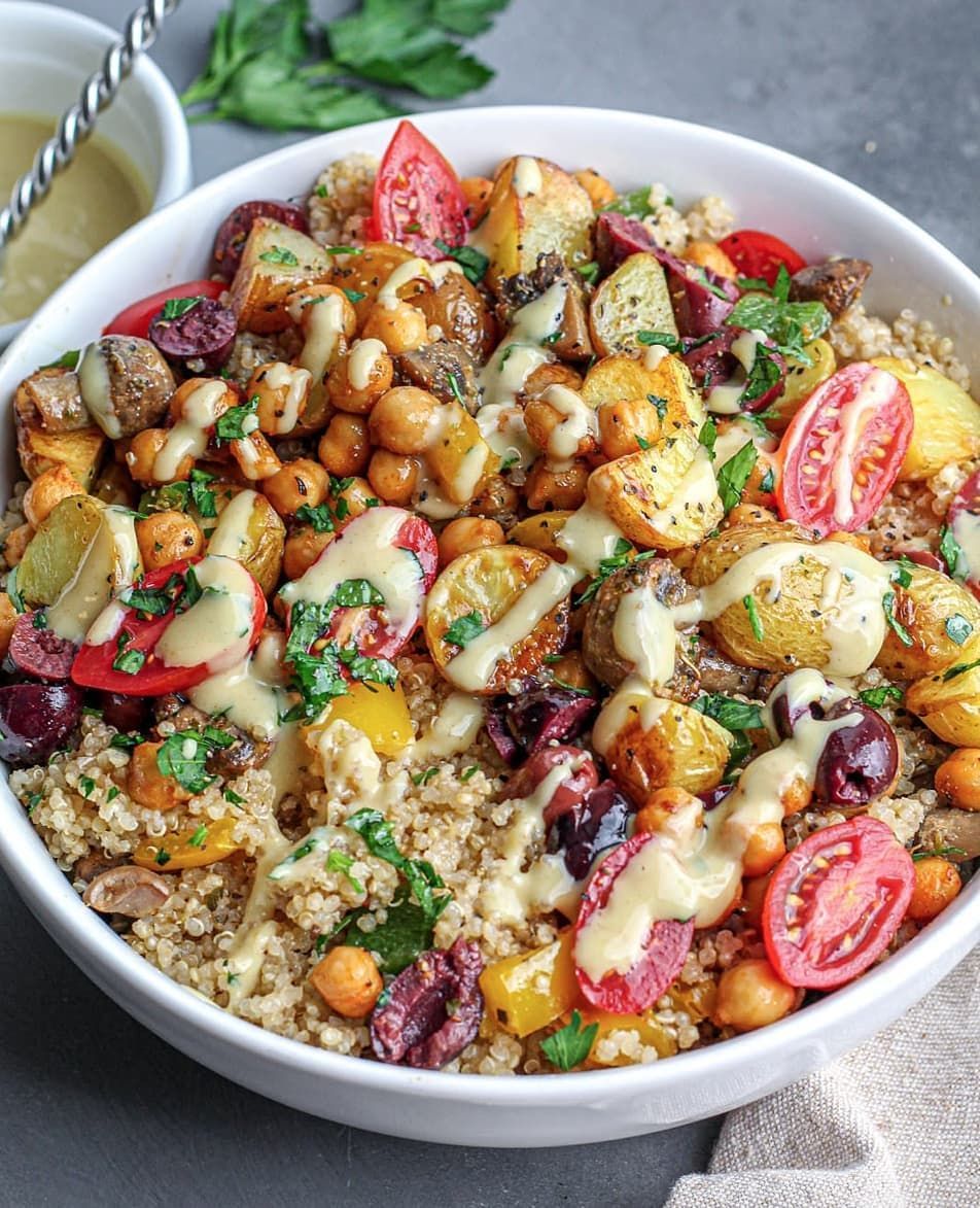 Roasted Potato and Quinoa Salad with Vegan Dressing