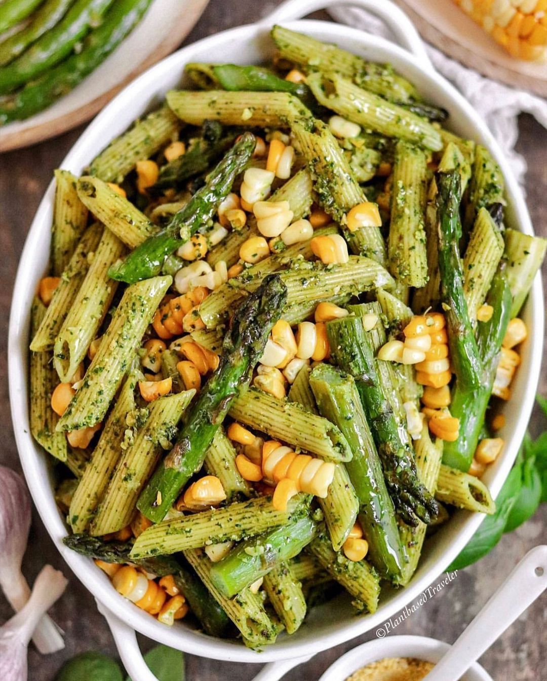Roasted Corn and Asparagus Pesto Penne Pasta