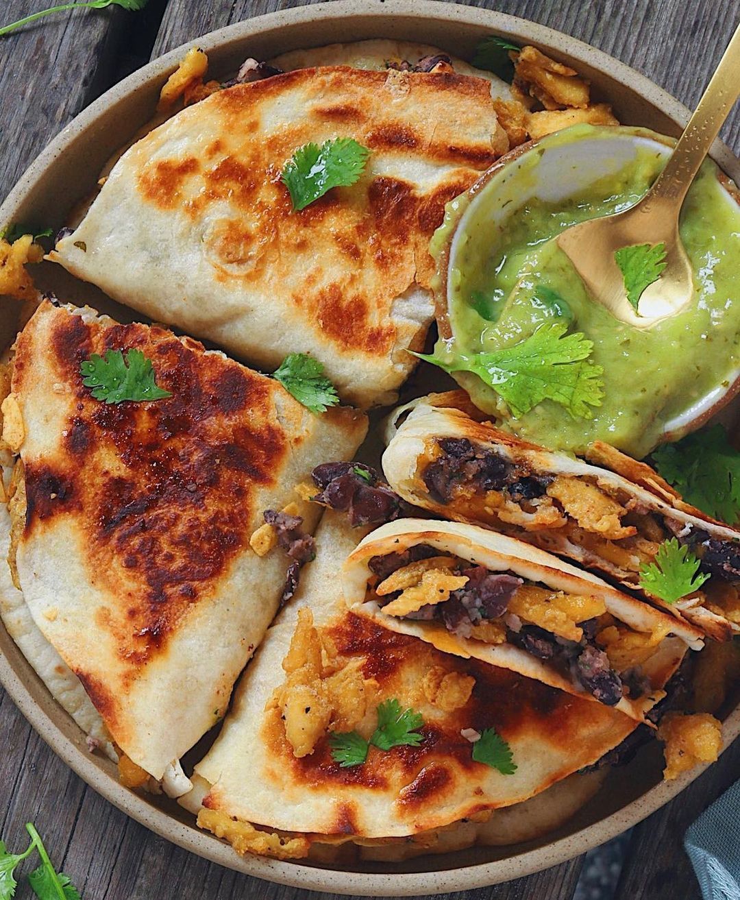Shredded Tofu Chicken and Smashed Black Bean Quesadillas
