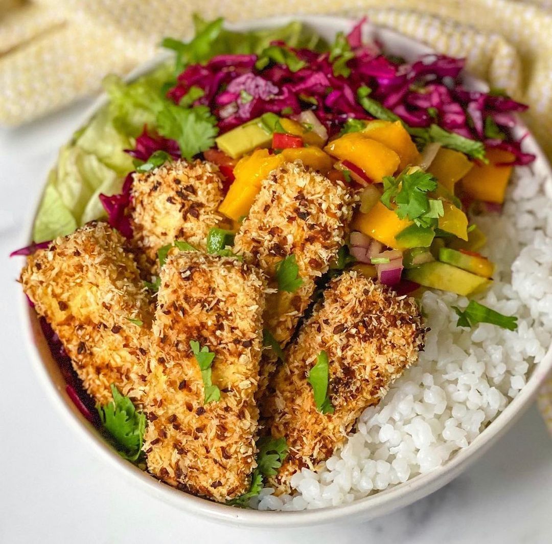Sweet Chili Coconut Crusted Tofu Mango Salsa Bowl