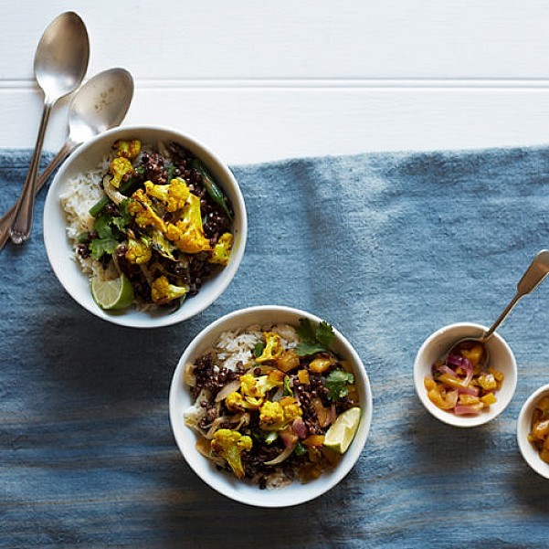 Coconut Lentil Curry with Roasted Turmeric Cauliflower and Jack Fruit Chutney
