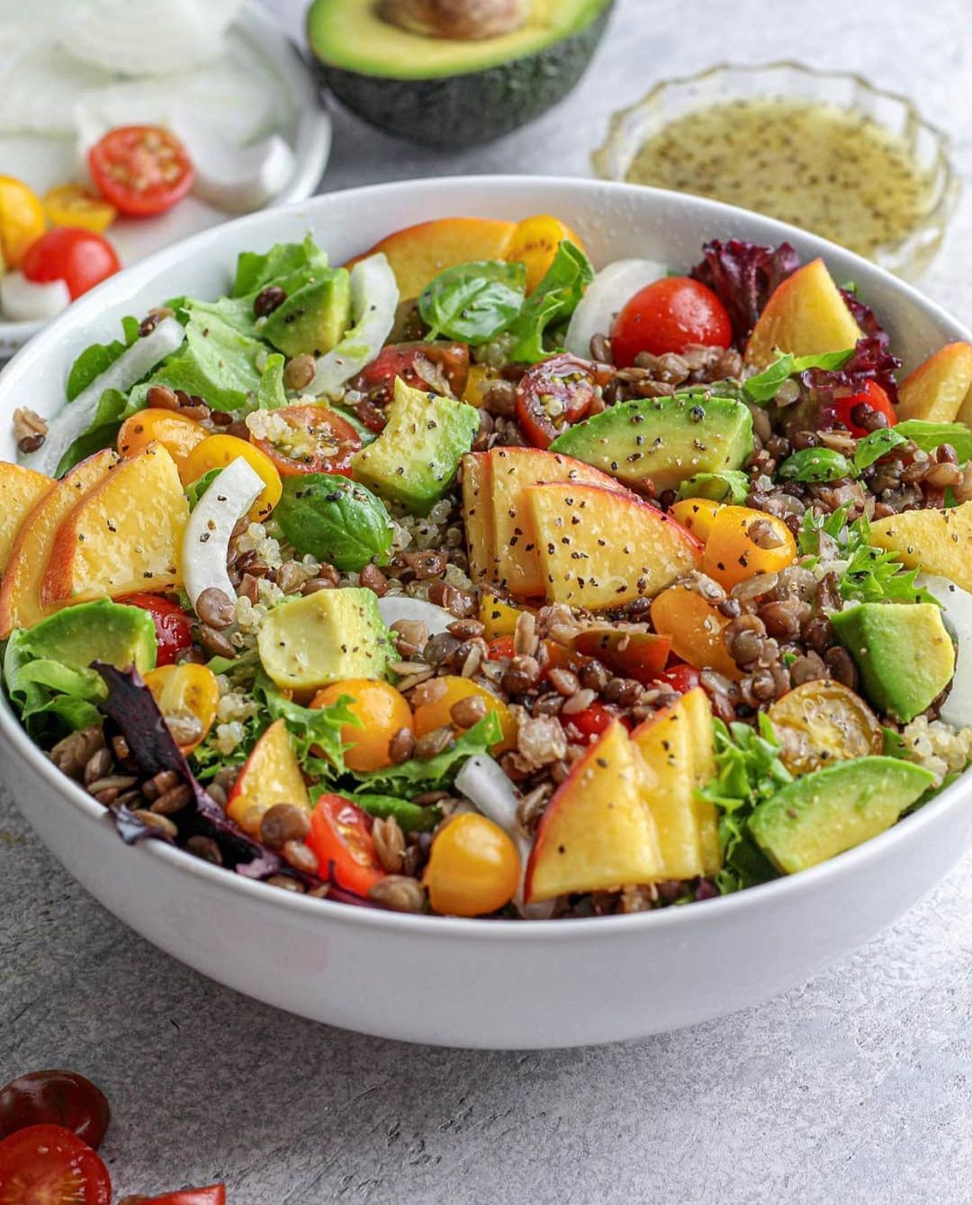 Peach and Avocado Salad with Lentils and Quinoa
