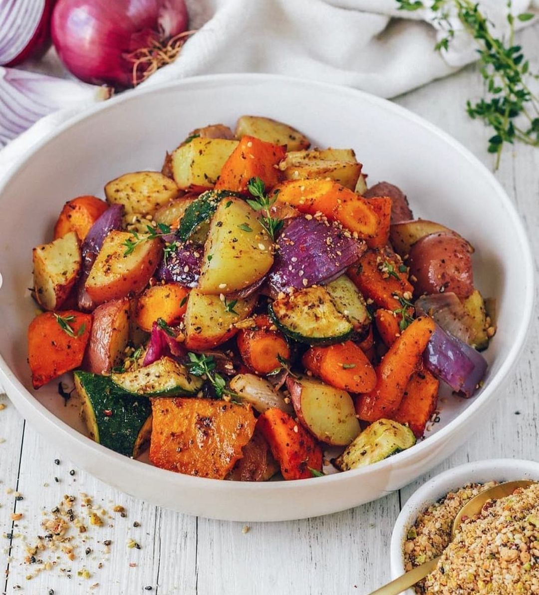 Roasted Vegetables with Red Onion and Dukkah