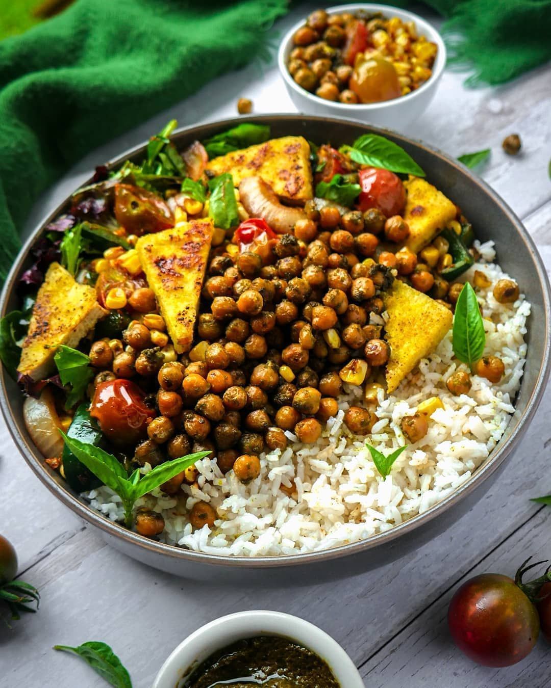Vegan High Protein Rice Bowl with Tofu and Chickpeas