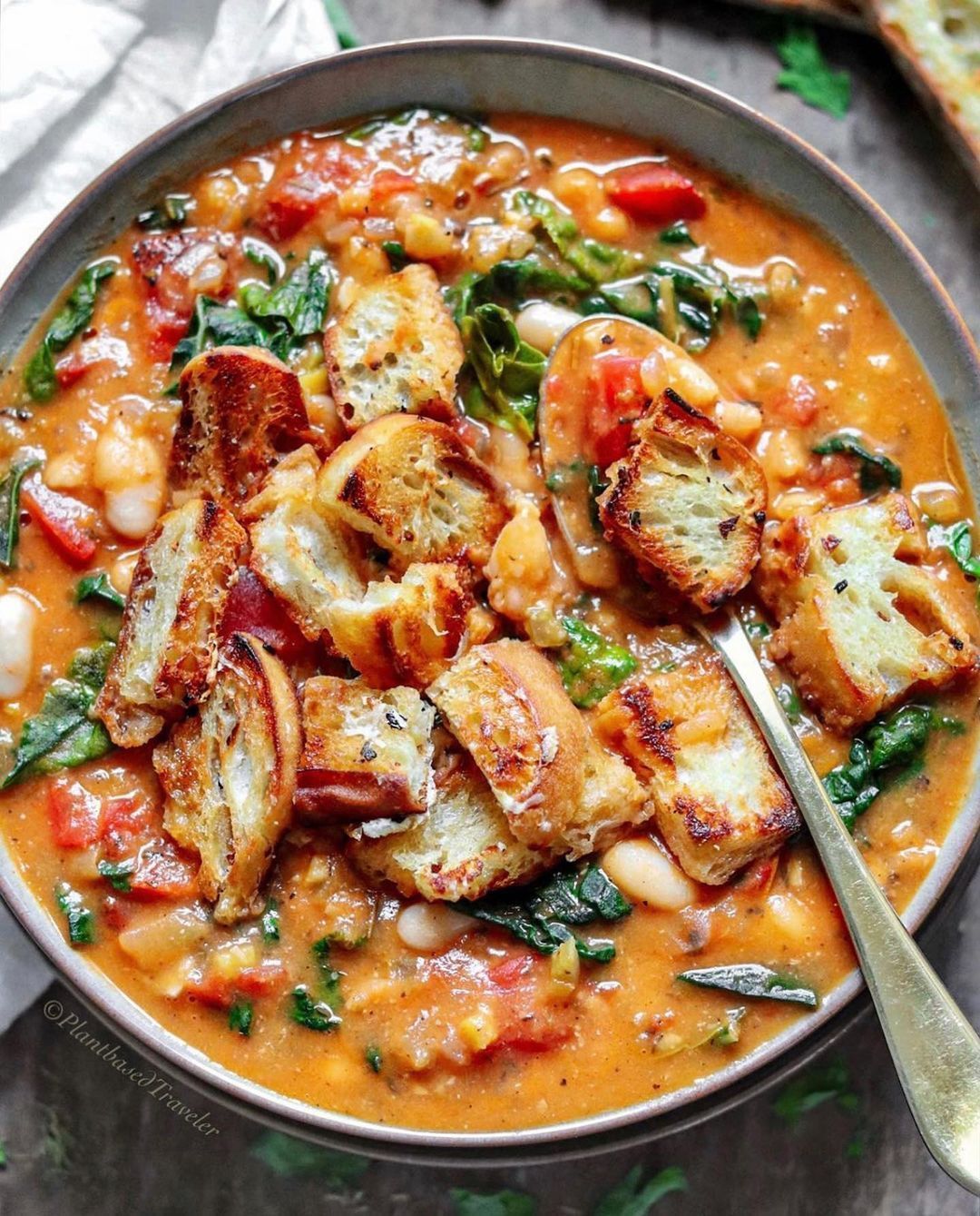 Tuscan Kale and White Bean Soup with Garlic Parmesan Croutons