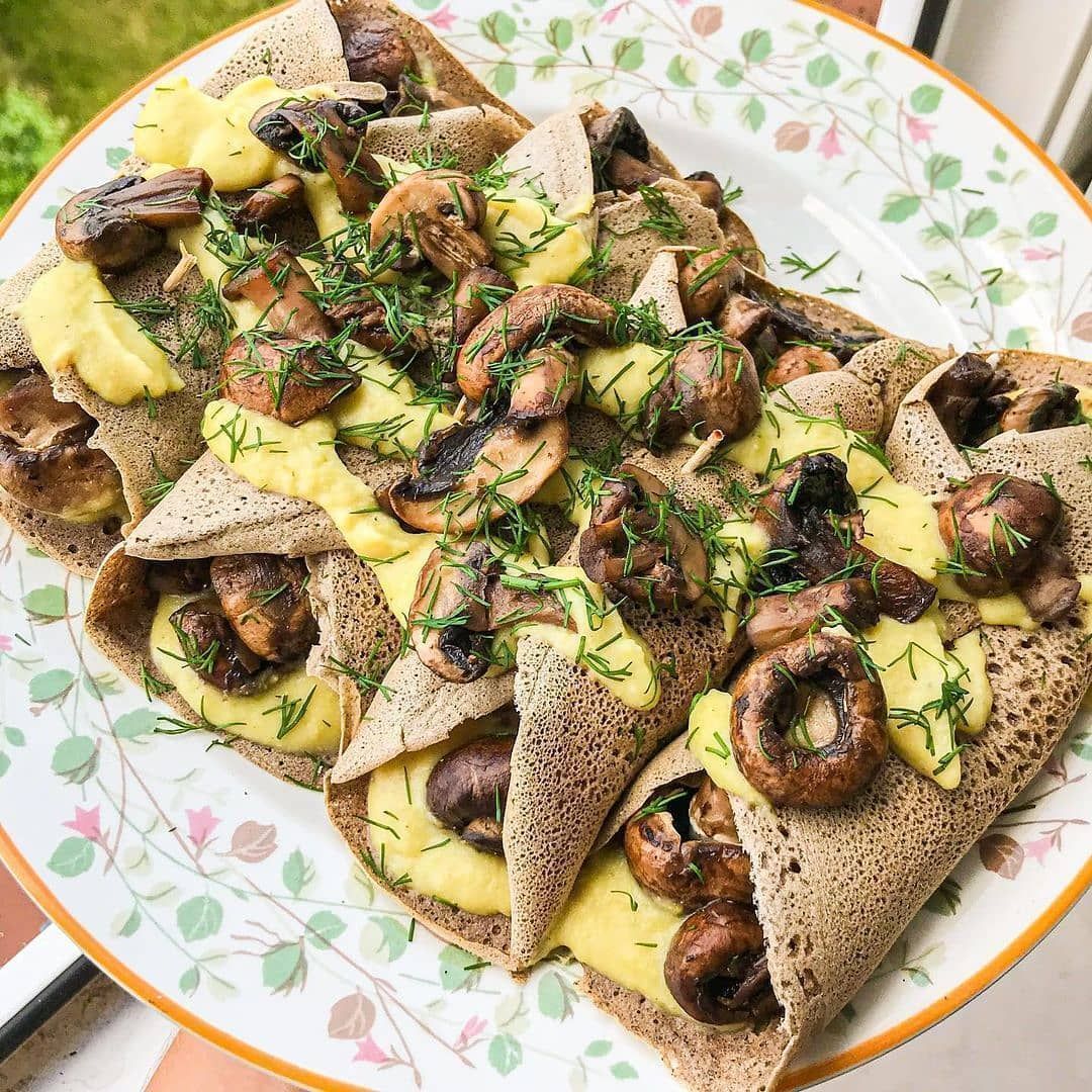 Buckwheat Crepes with Vegan Cheese Sauce and Fried Mushrooms