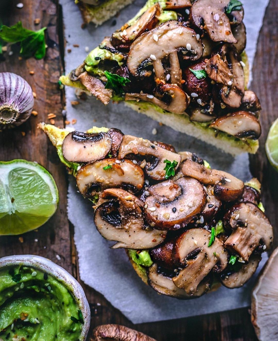 Garlic Mushroom Toast with Avocado Pesto