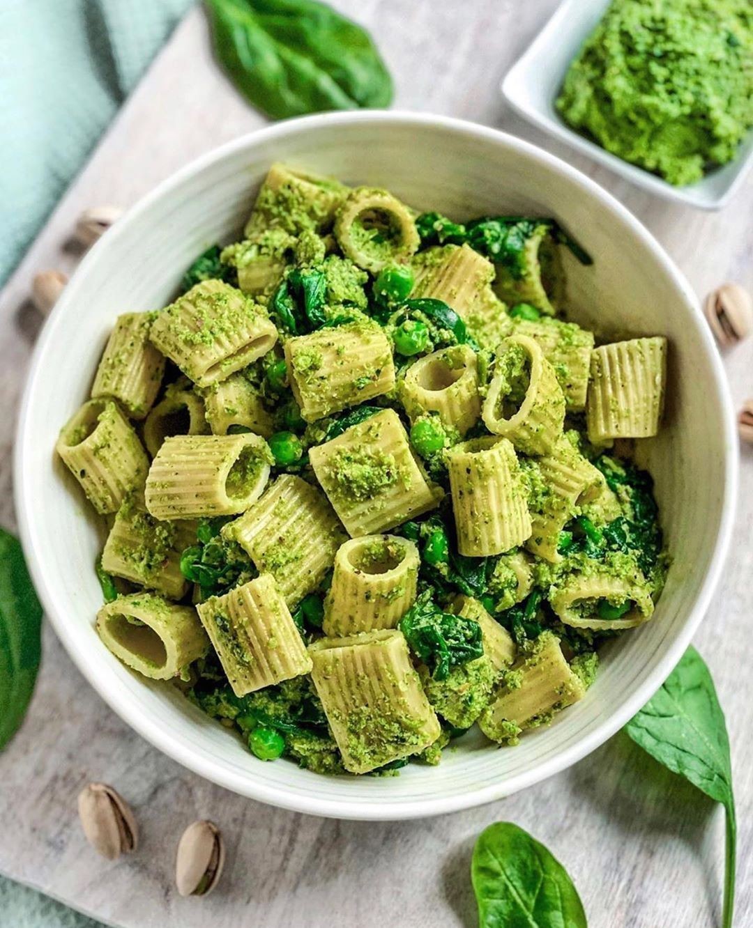 Pistachio Broccoli Pesto Pasta with Peas and Spinach