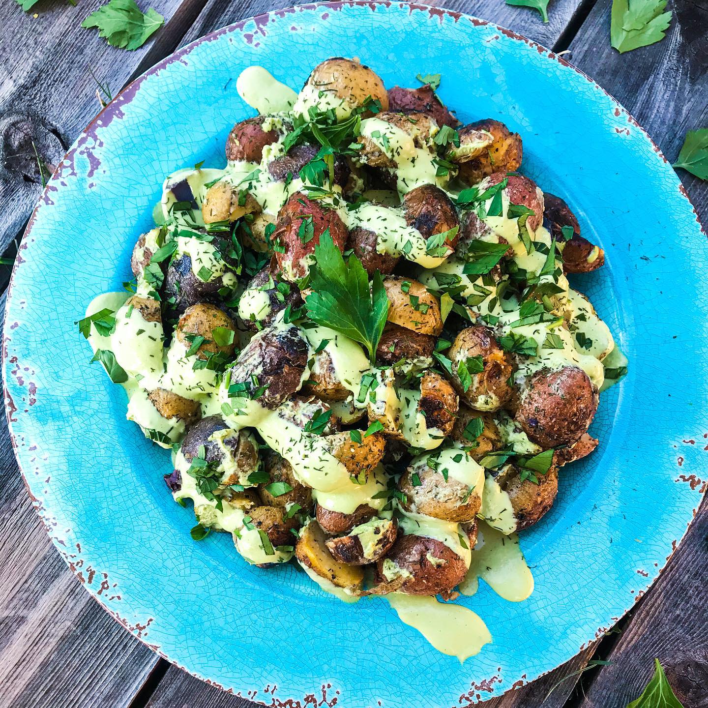 Grilled Potatoes with Creamy Basil Dressing