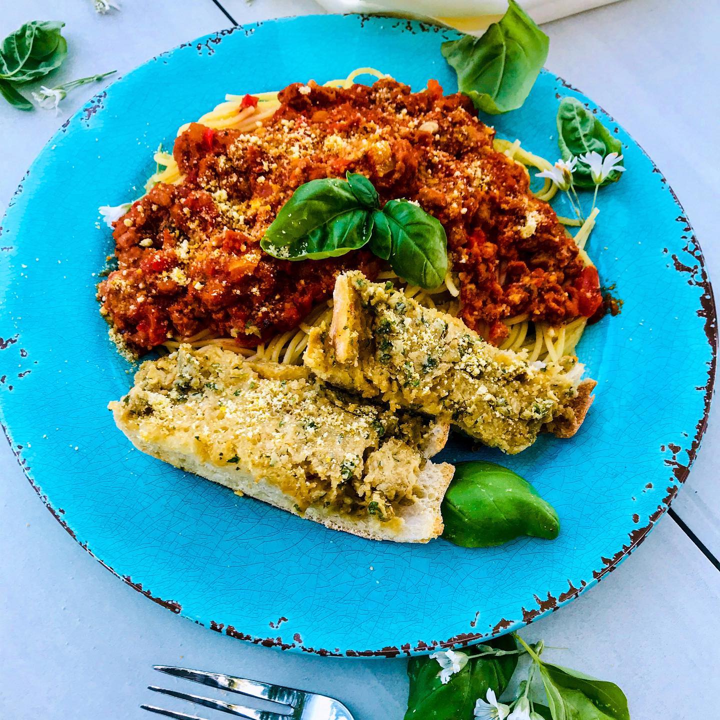 Vegan Pasta Bolognese with Garlic Bread