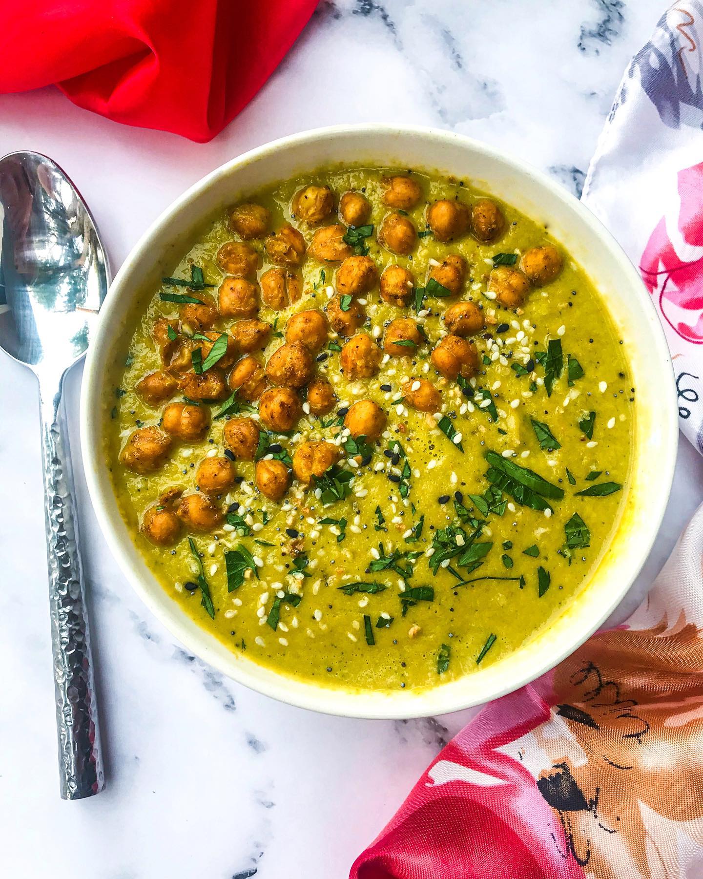 Detoxifying Broccoli and Greens Soup with Roasted Chickpeas