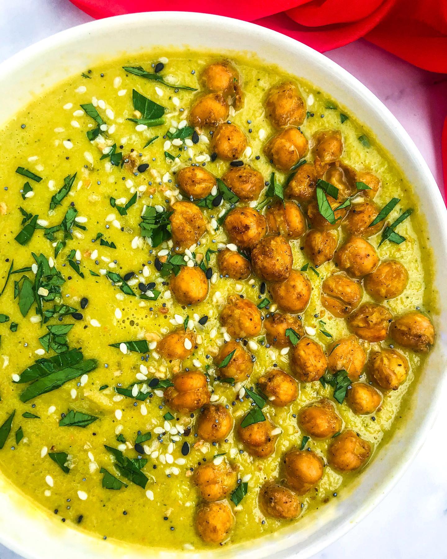 Detoxifying Broccoli and Greens Soup with Roasted Chickpeas