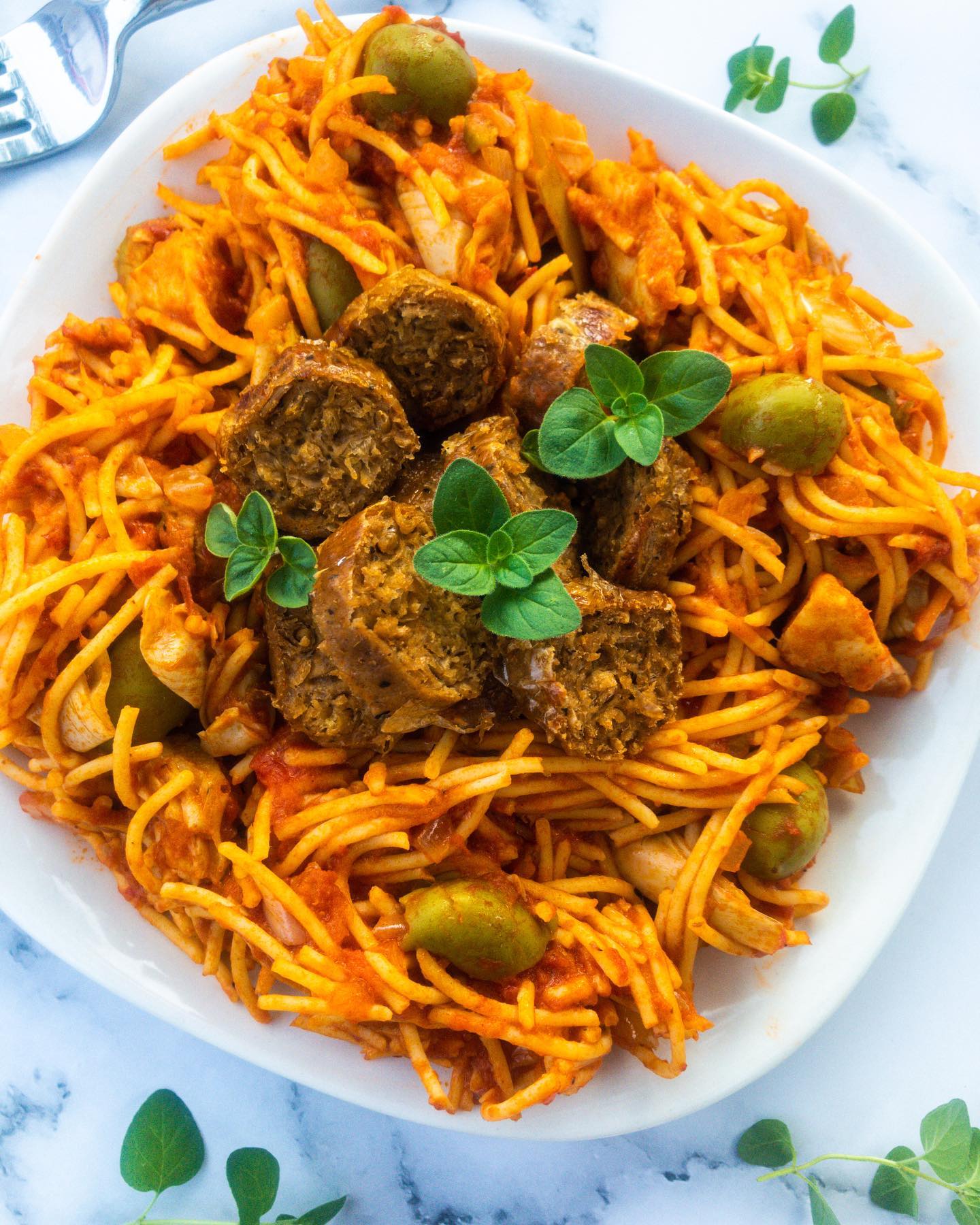 Spicy Chickpea Spaghetti with Olives and Artichokes