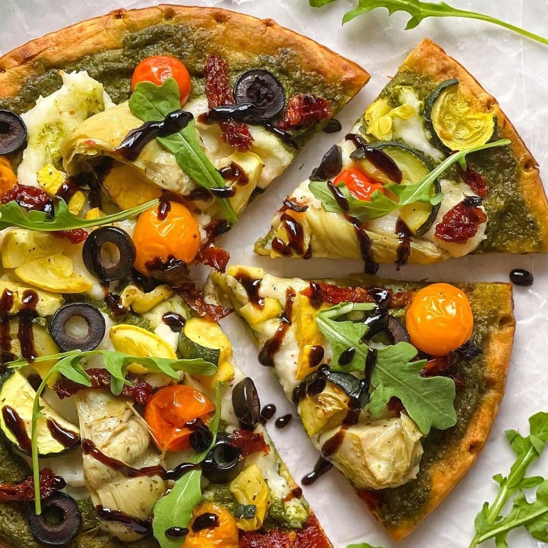 Roasted Veggies and Pesto Pizza