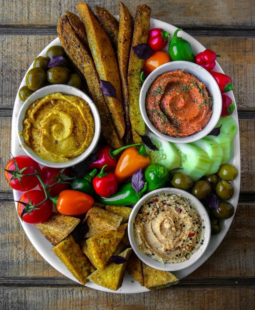 Three-Way Hummus Platter with Tofu Nuggets