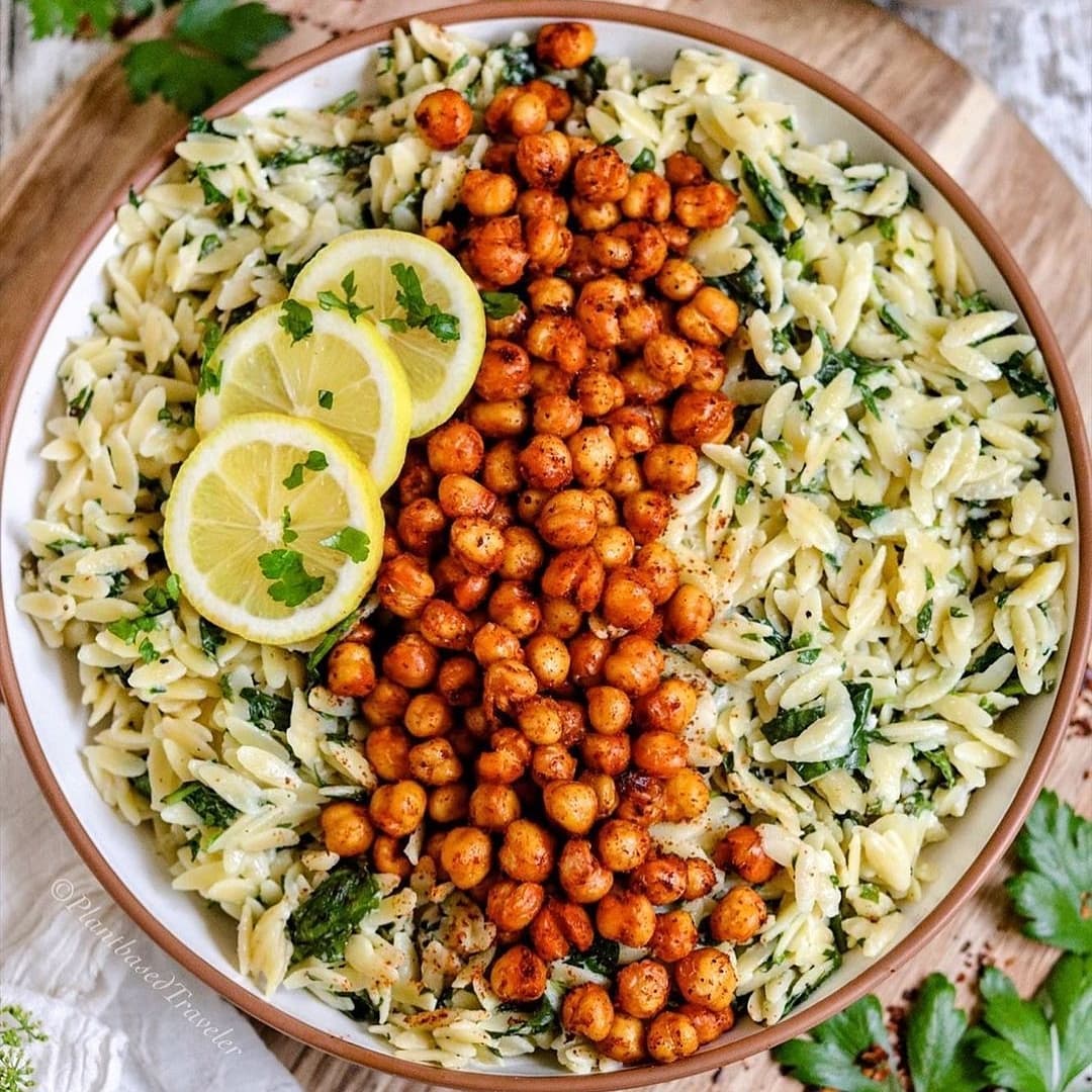 Herby Spinach Feta Orzo with Crispy Harissa Chickpeas
