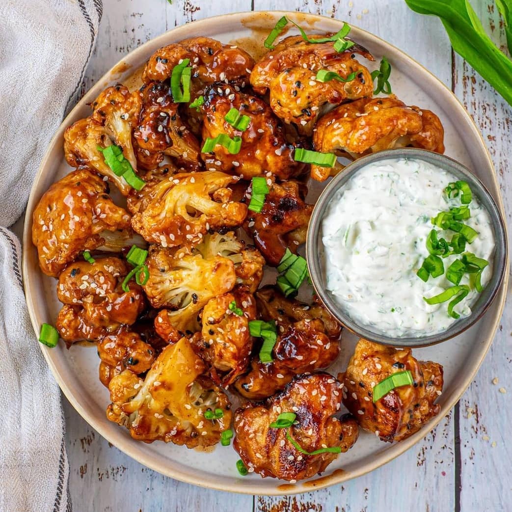 Spicy Apple Cinnamon Cauliflower Wings with Wild Garlic Cream