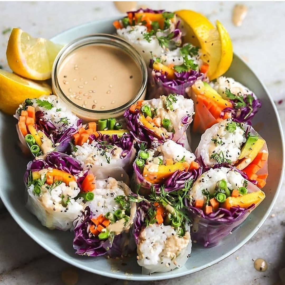 Rainbow Spring Rolls with Citrus Tahini Dip