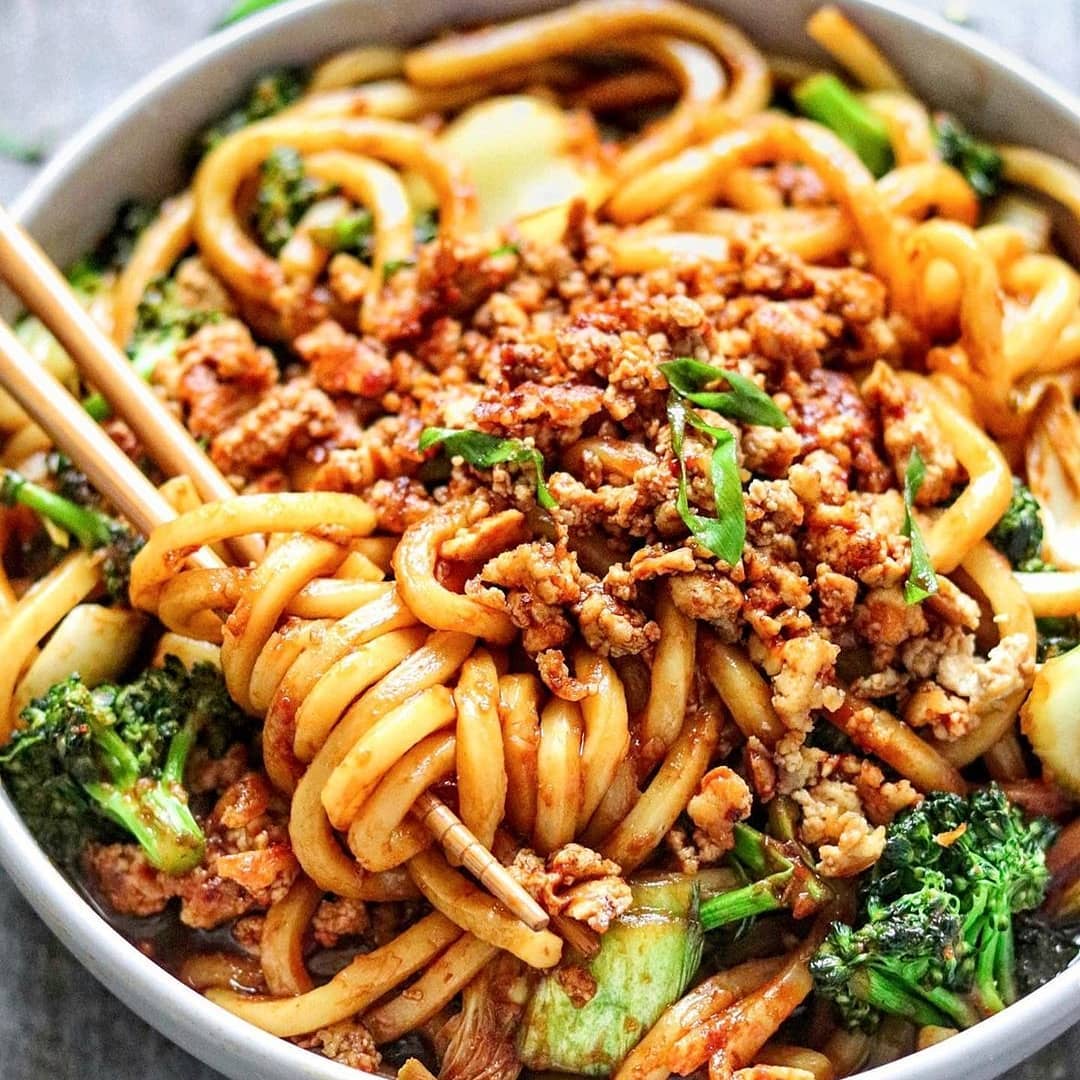 Saucy Udon Noodles with Crispy Tofu Crumbles, Broccoli and Bok Choy