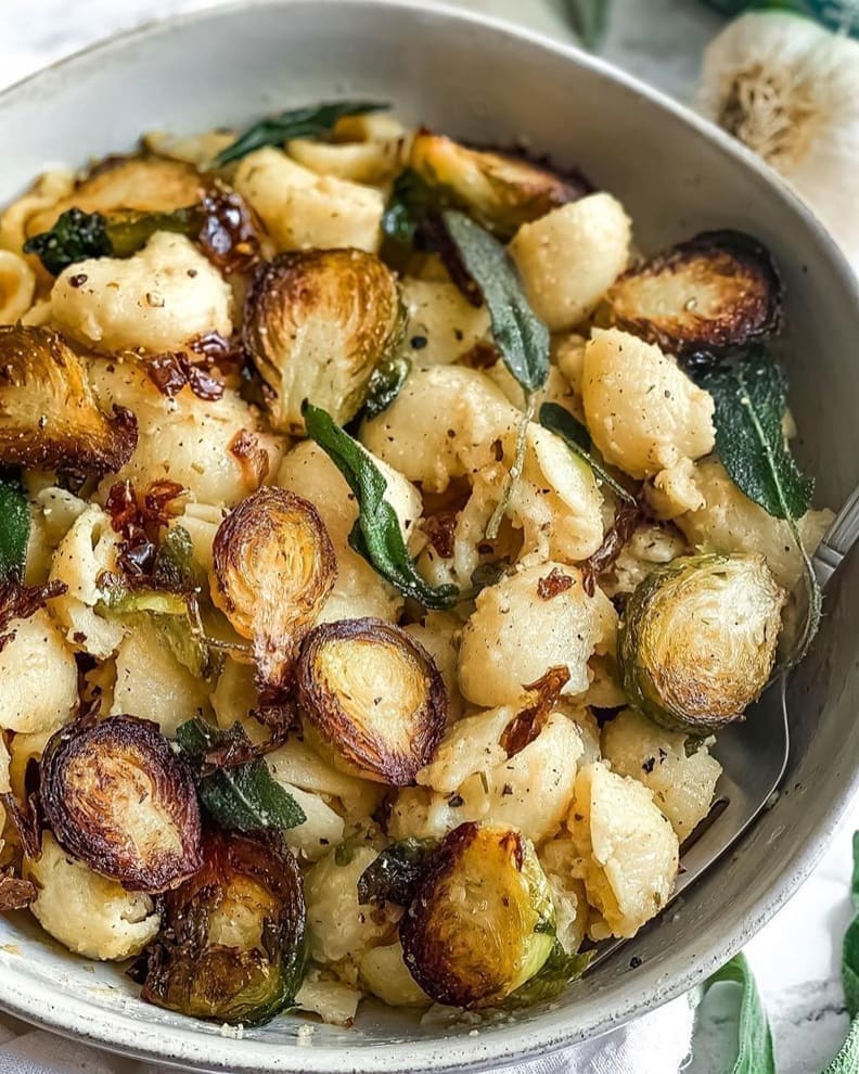 Cheesy Brown Butter Sage Pasta with Air-Fried Brussels Sprouts