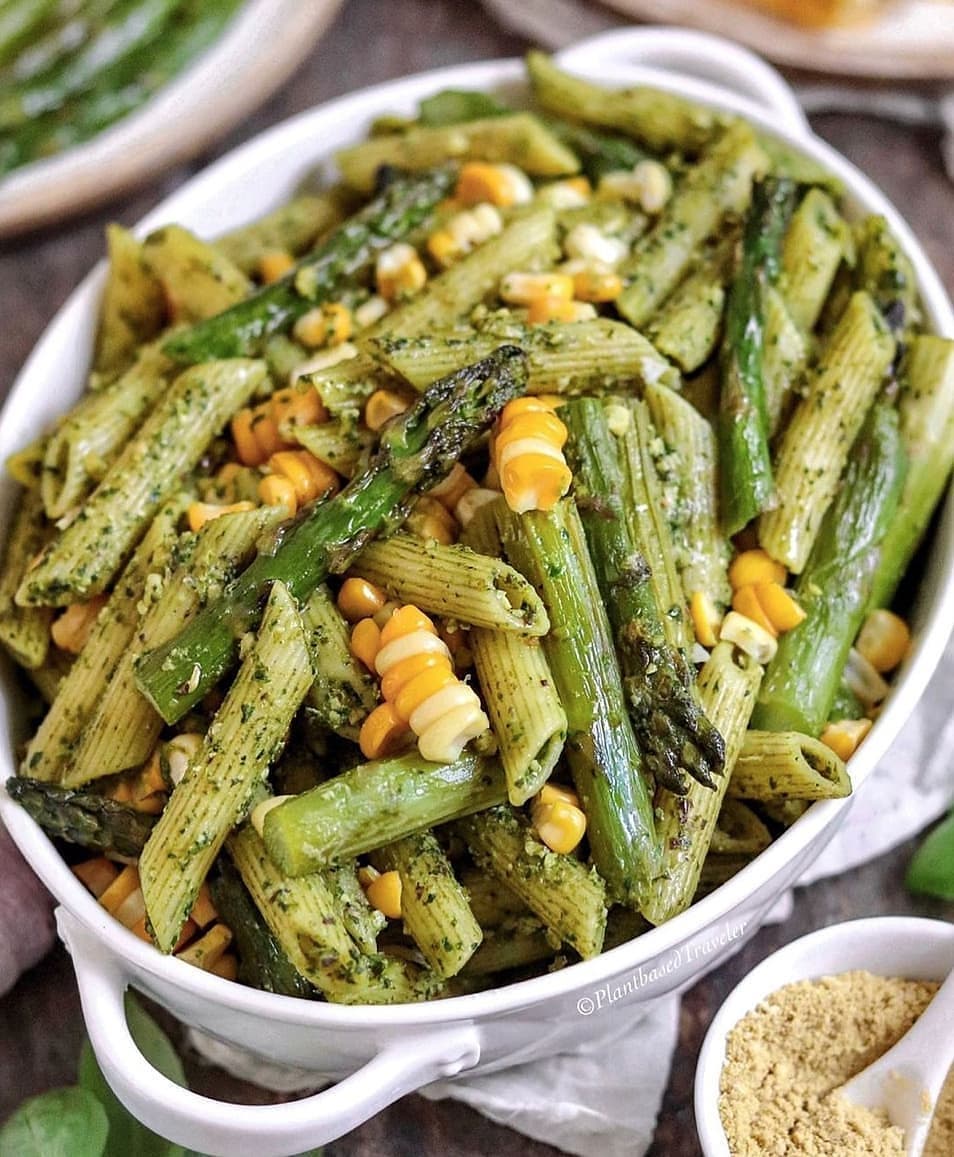 Roasted Corn and Asparagus Pesto Pasta