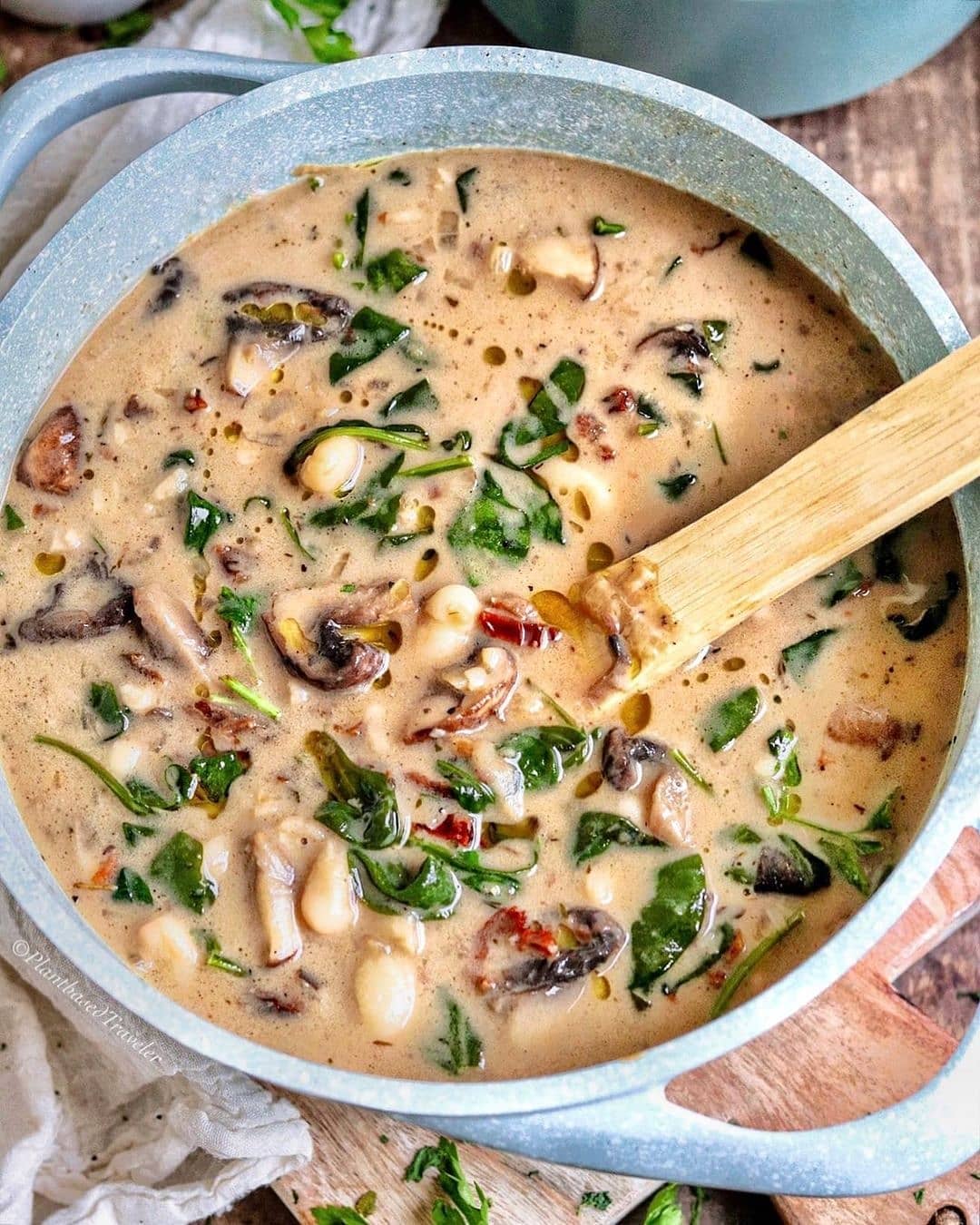 Creamy Mushrooms with Sun-Dried Tomatoes, Spinach, and White Beans