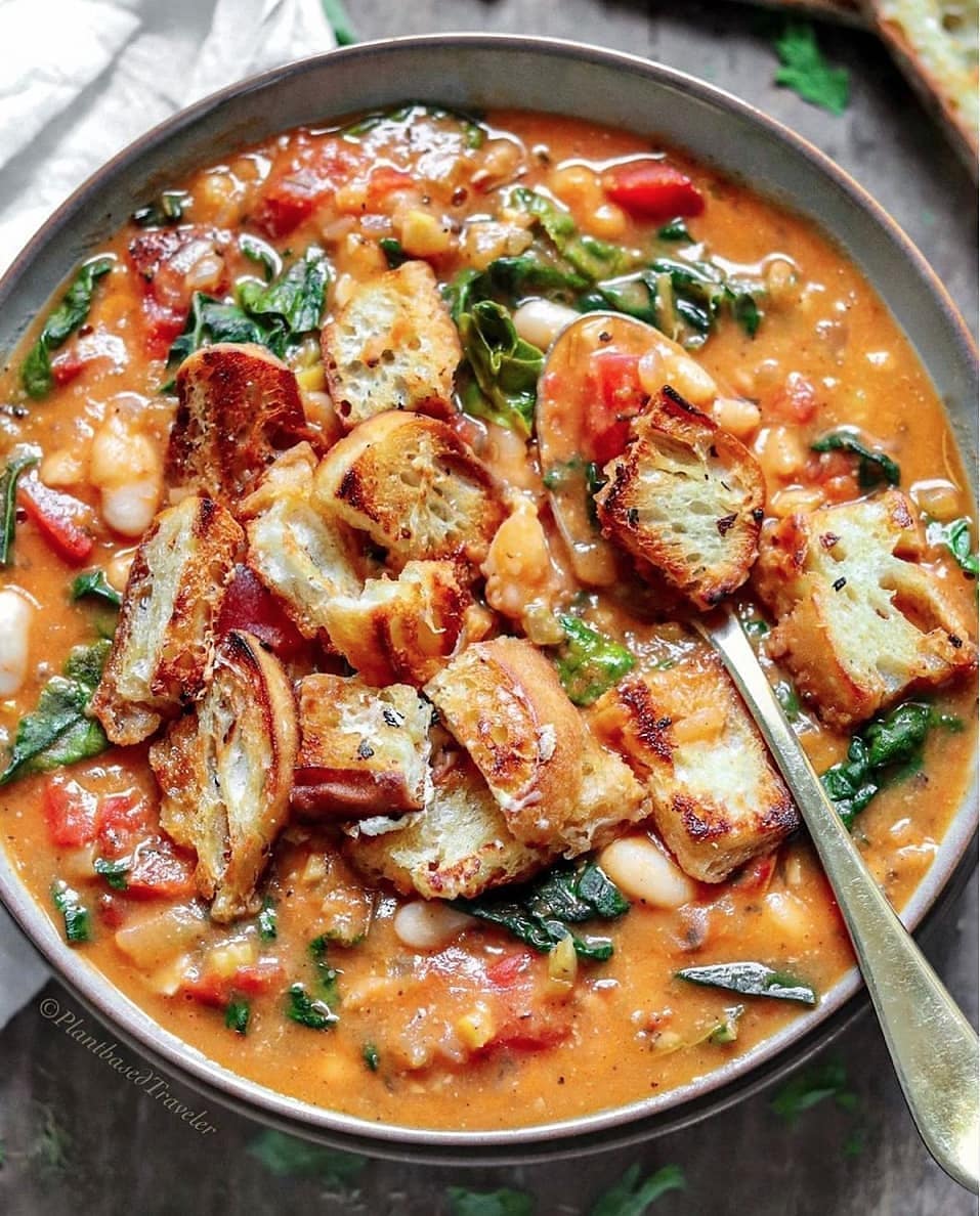 Tuscan Kale and White Bean Soup with Garlic Parmesan Croutons
