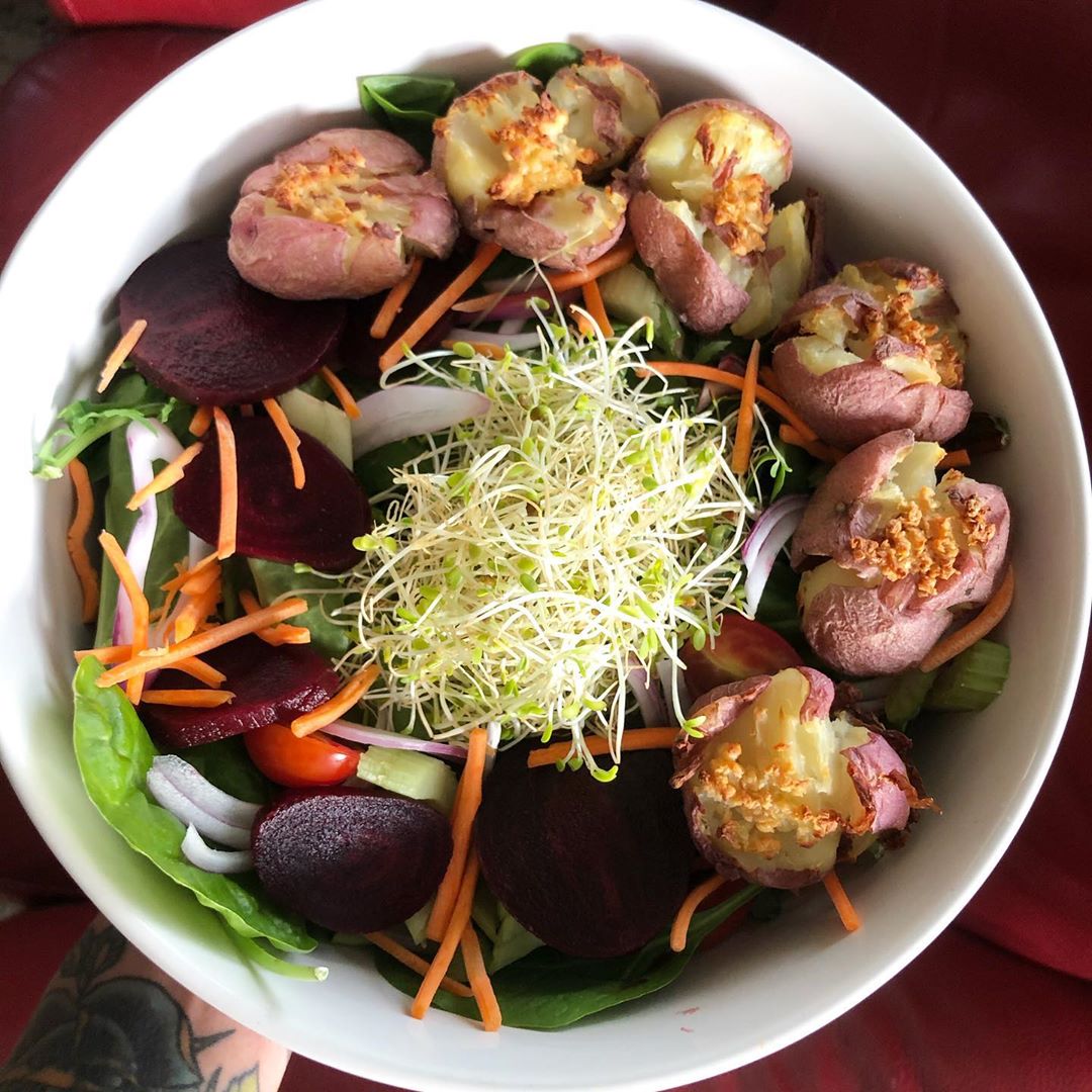 Smashed Potatoes and Salad