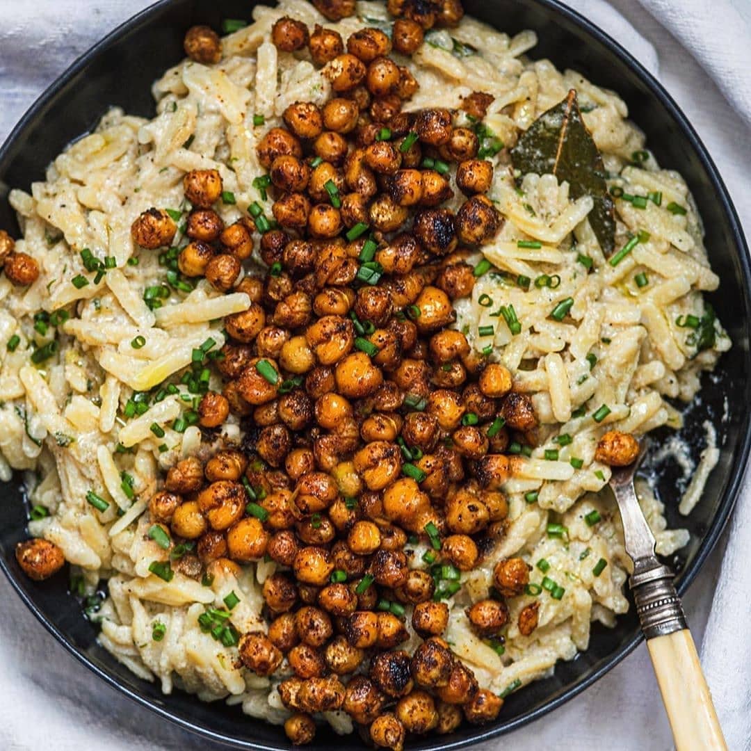 Pasta with Lemon Tahini Sauce and Crispy Chickpeas