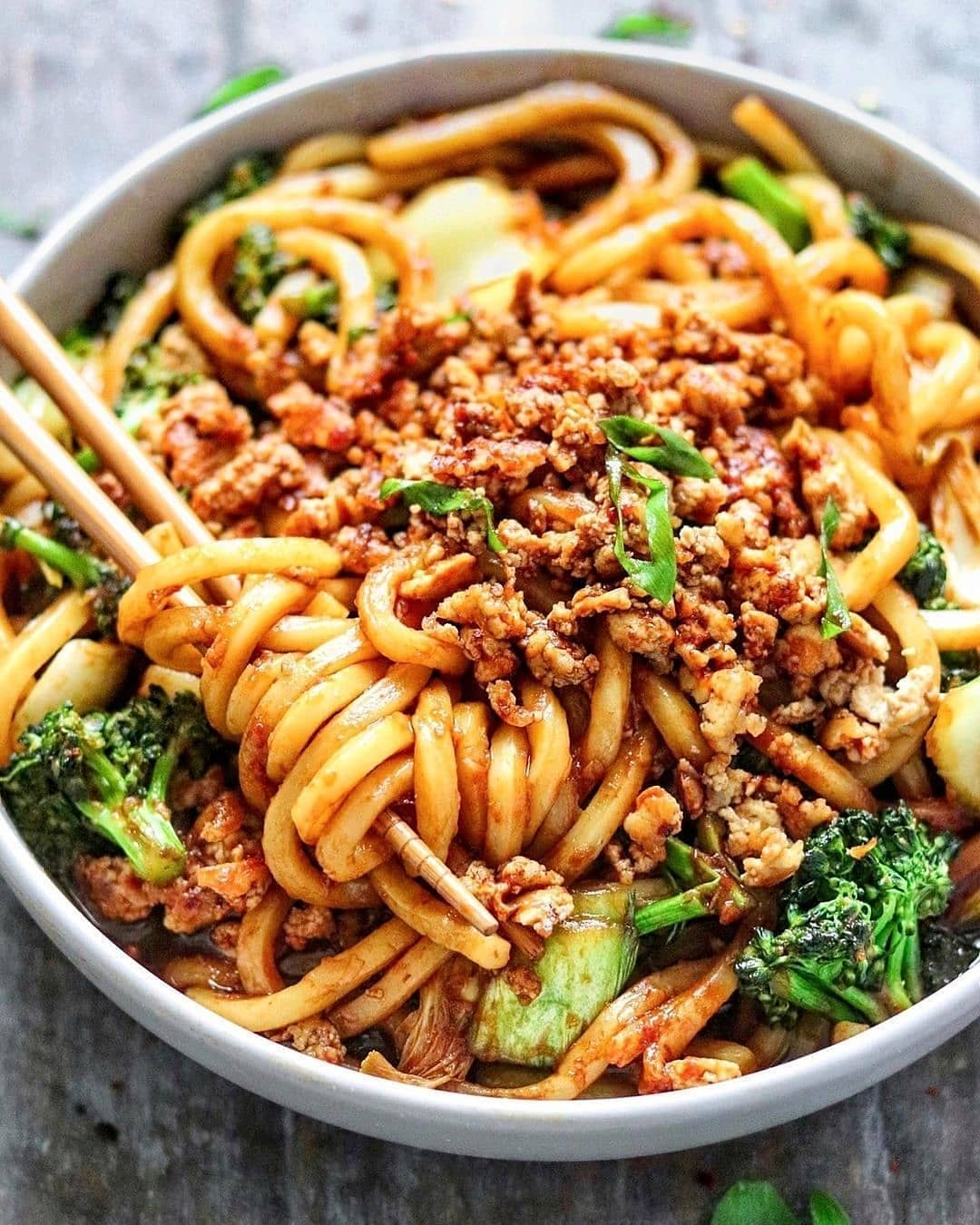 Saucy Udon Noodles with Crispy Tofu Crumbles Broccoli and Bok Choy