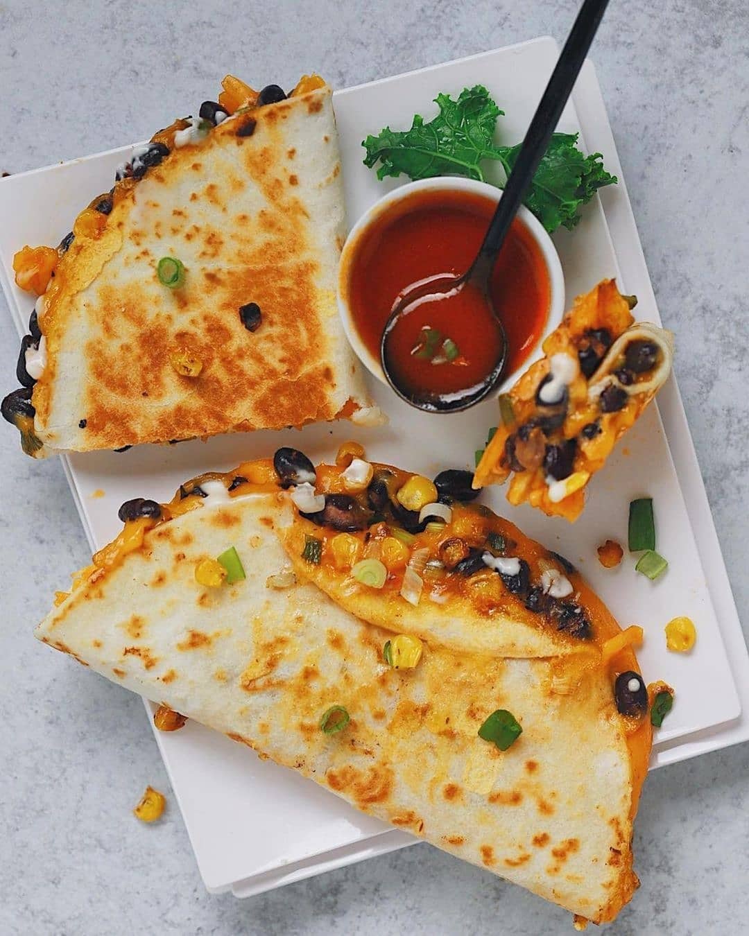 Vegan Buffalo Black Bean Roasted Veggie Quesadillas
