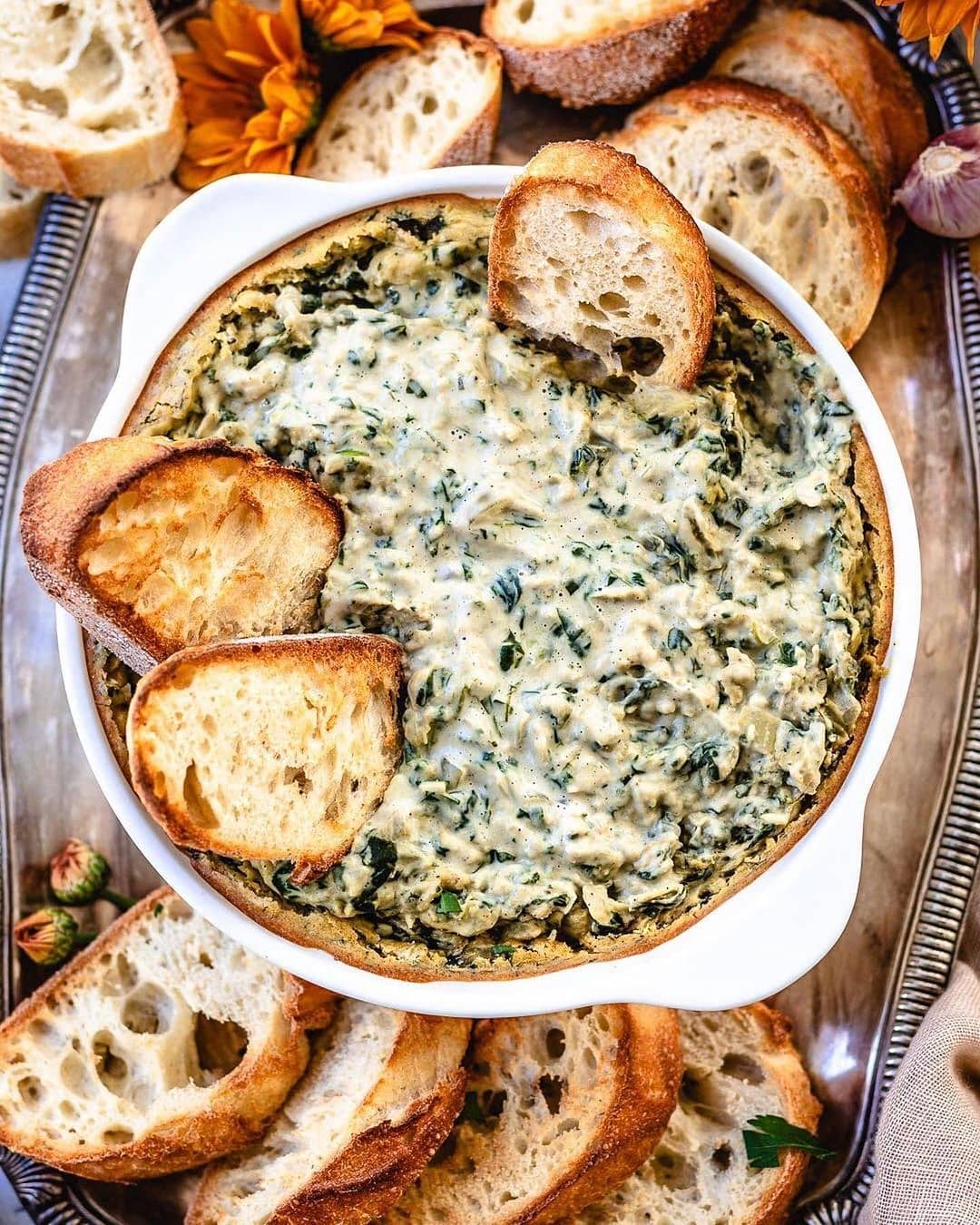 Vegan Spinach and Artichoke Dip with Baguette