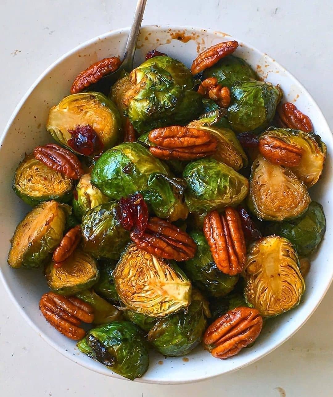 Roasted Balsamic Glazed Brussels Sprouts with Pecans and Cranberries