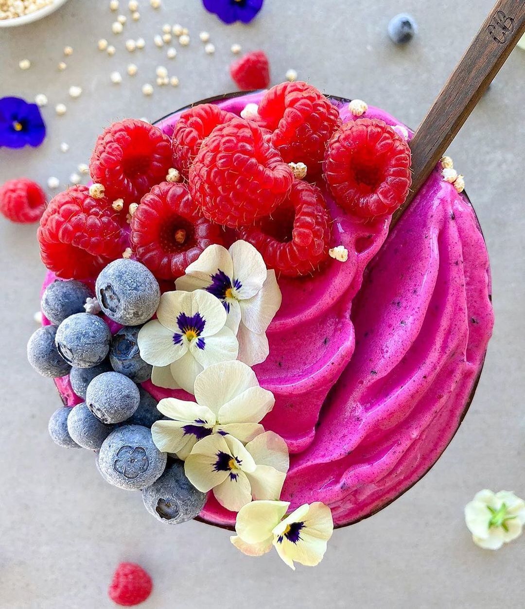 Pink Fruity Creamy Bowl Served in Coconut Bowls
