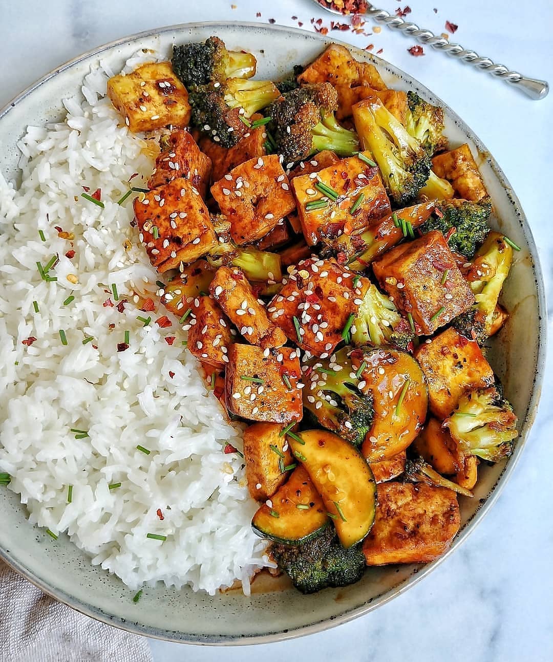 Tofu Broccoli and Zucchini Stir Fry