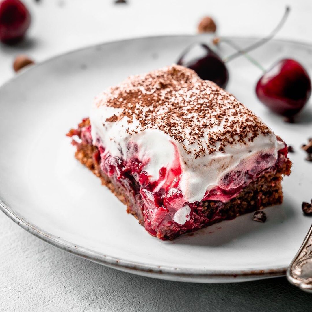Cream and Cherry Cacao-Hazelnut Cake
