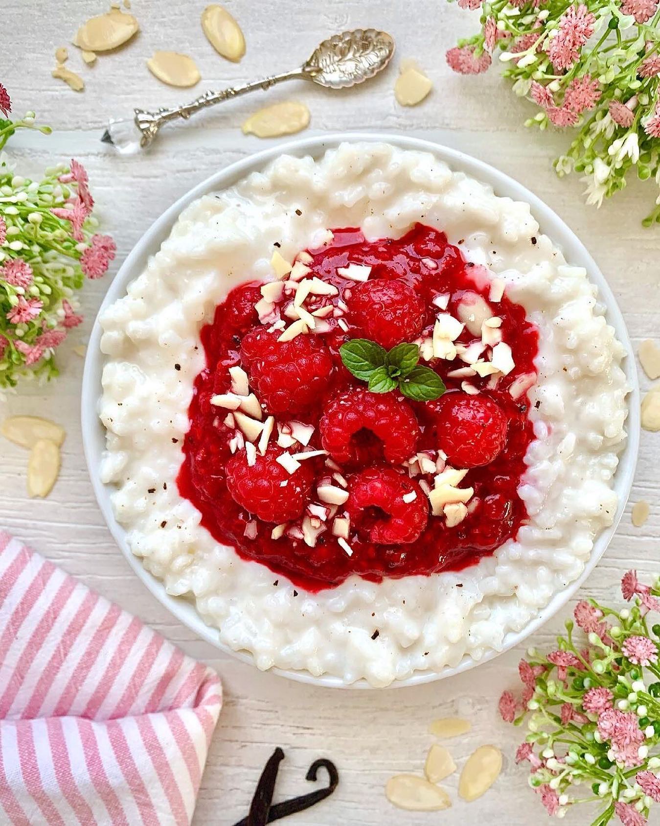 Coconut Milk Rice Pudding with Raspberry Sauce