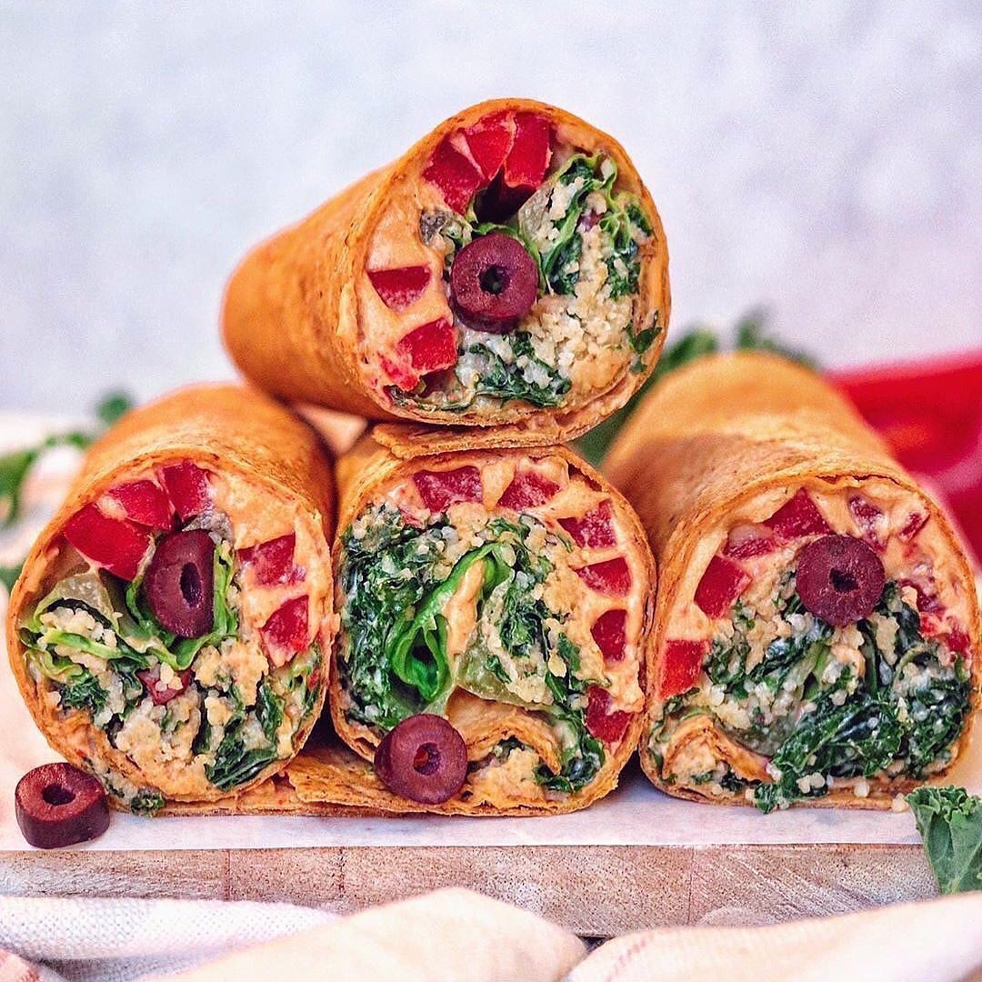 Red Pepper Hummus Wraps with Kale Couscous Salad