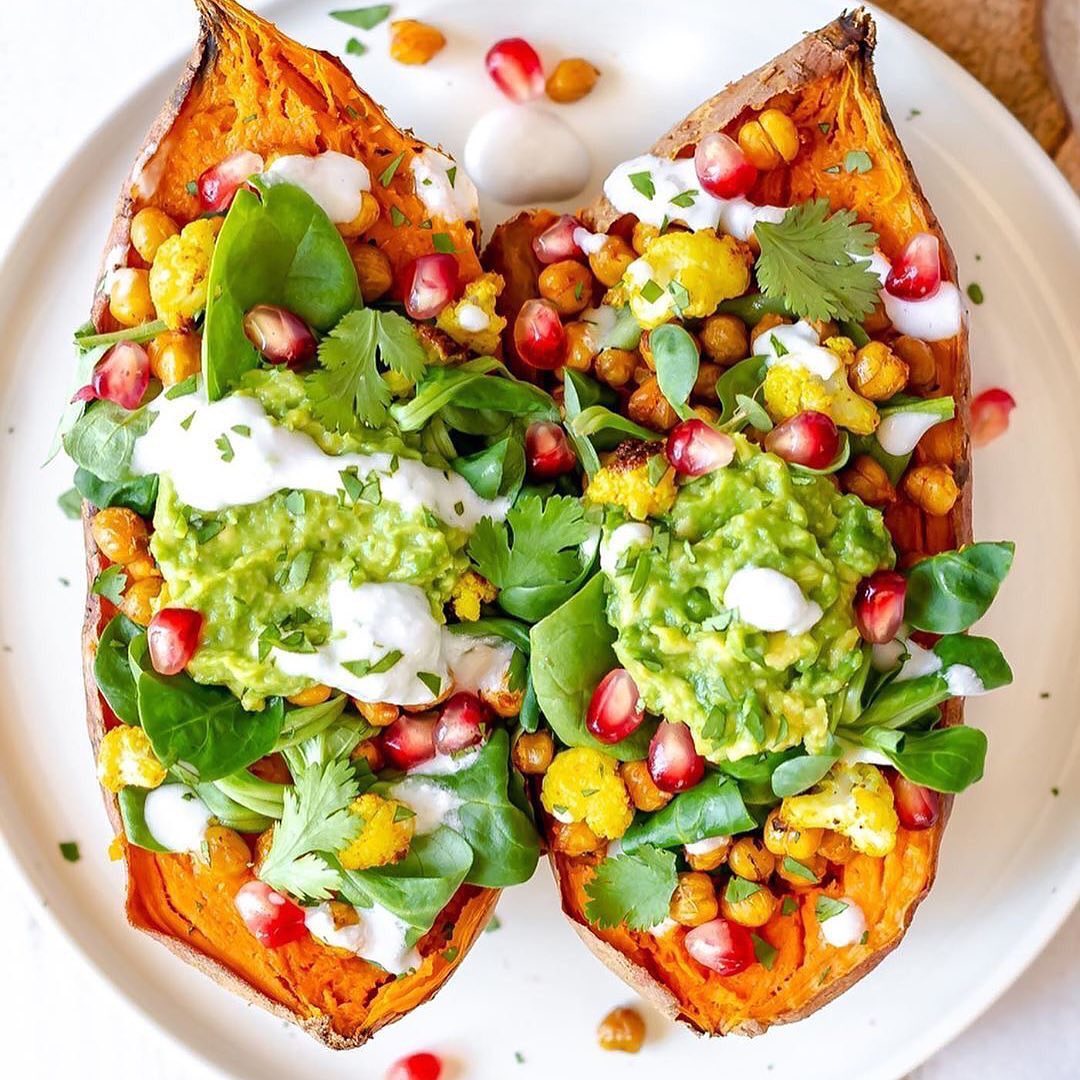 Stuffed Sweet Potatoes with Roasted Veggies and Sauce