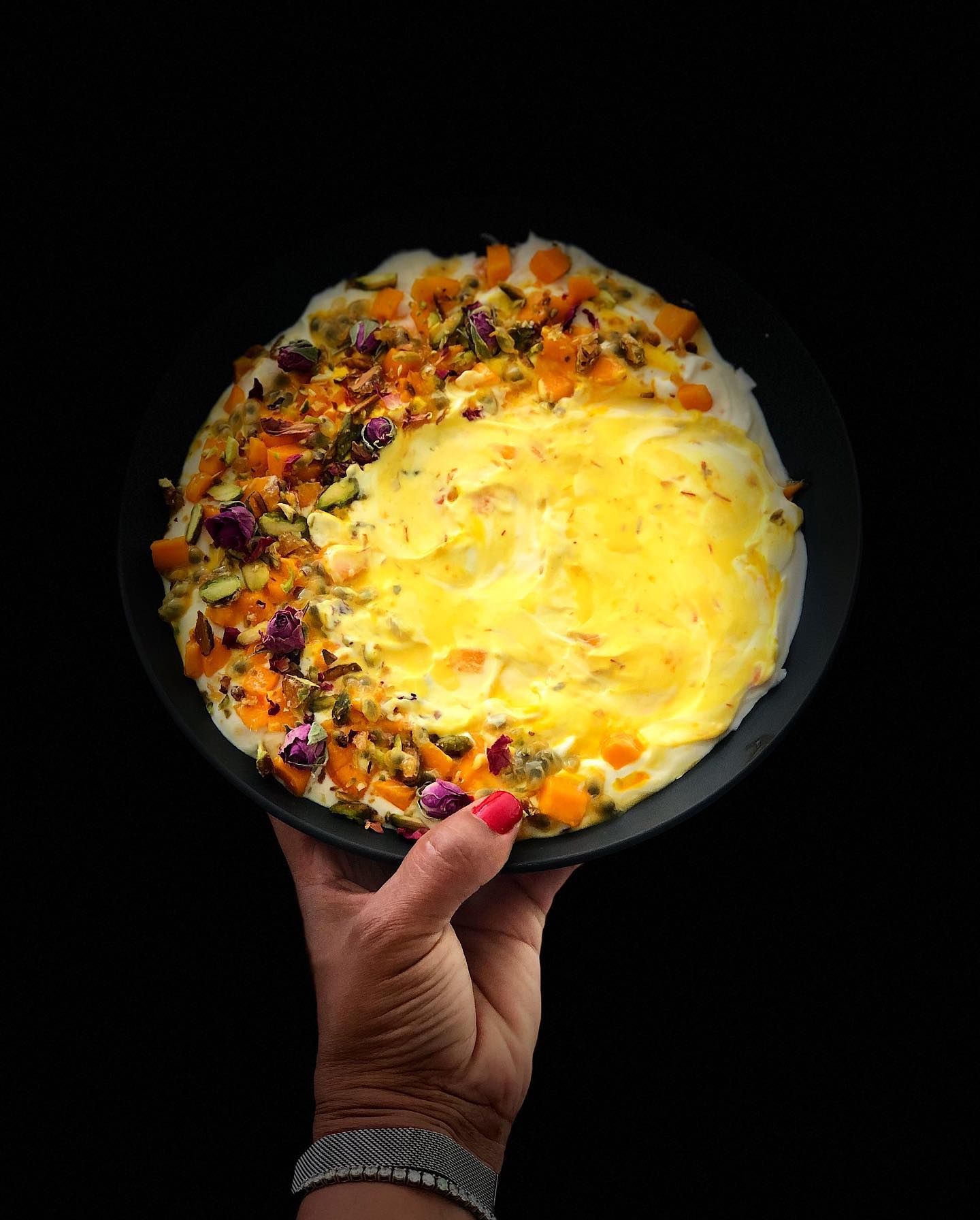 Mango and Passion Fruit Shrikand with Caramelized Pistachio