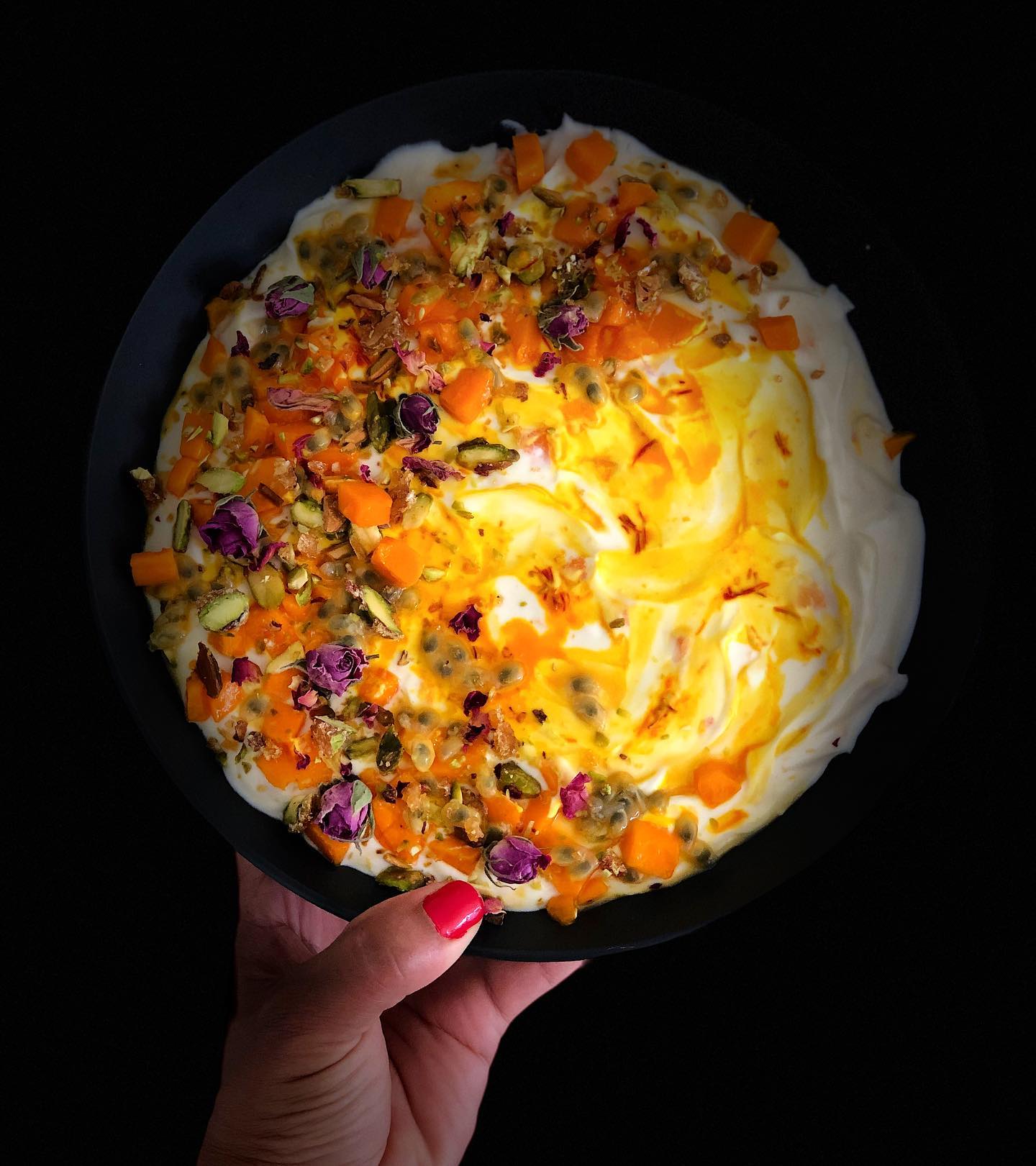 Mango and Passion Fruit Shrikand with Caramelized Pistachio