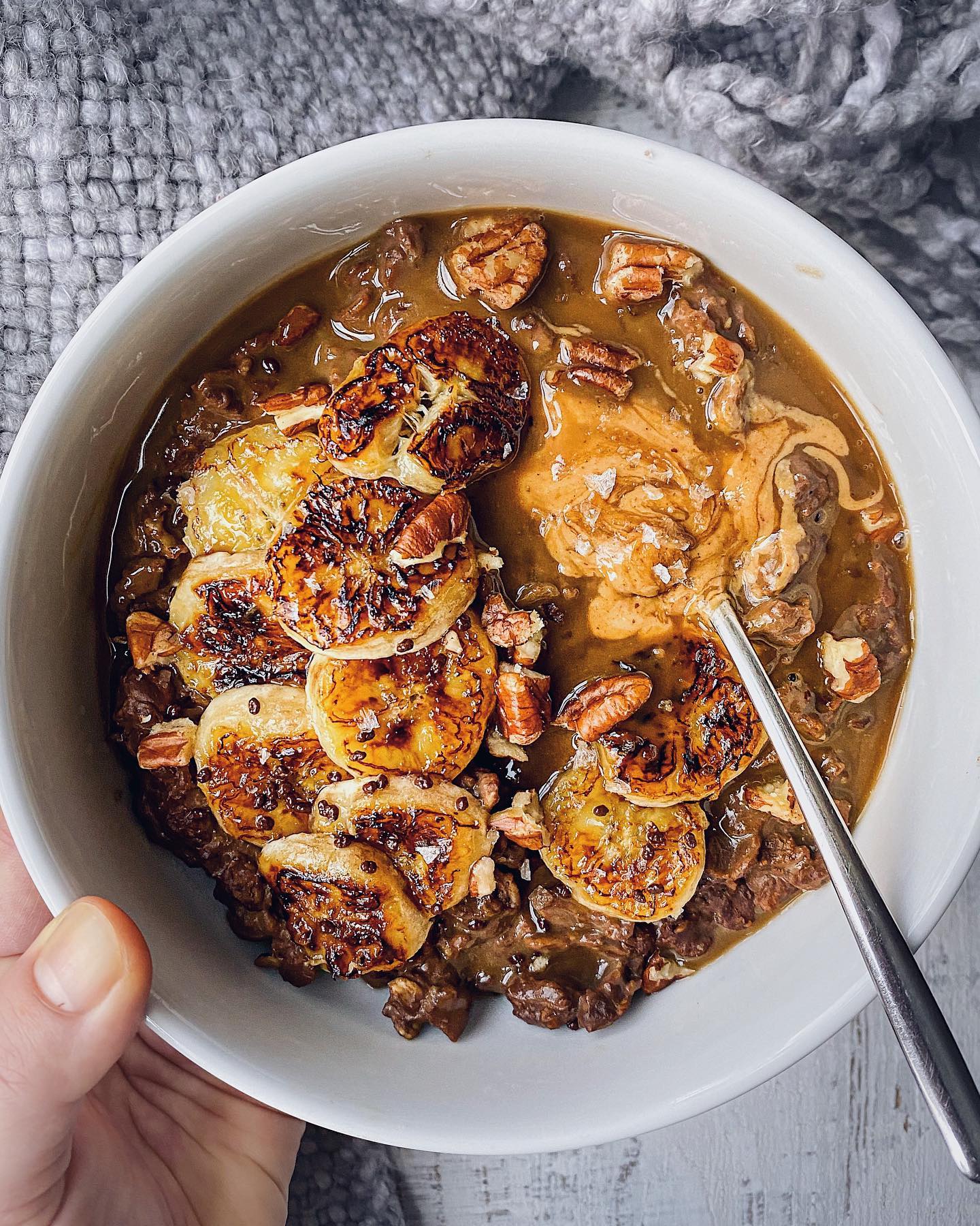 Salted Caramel Chocolate Oatmeal with Caramelized Banana