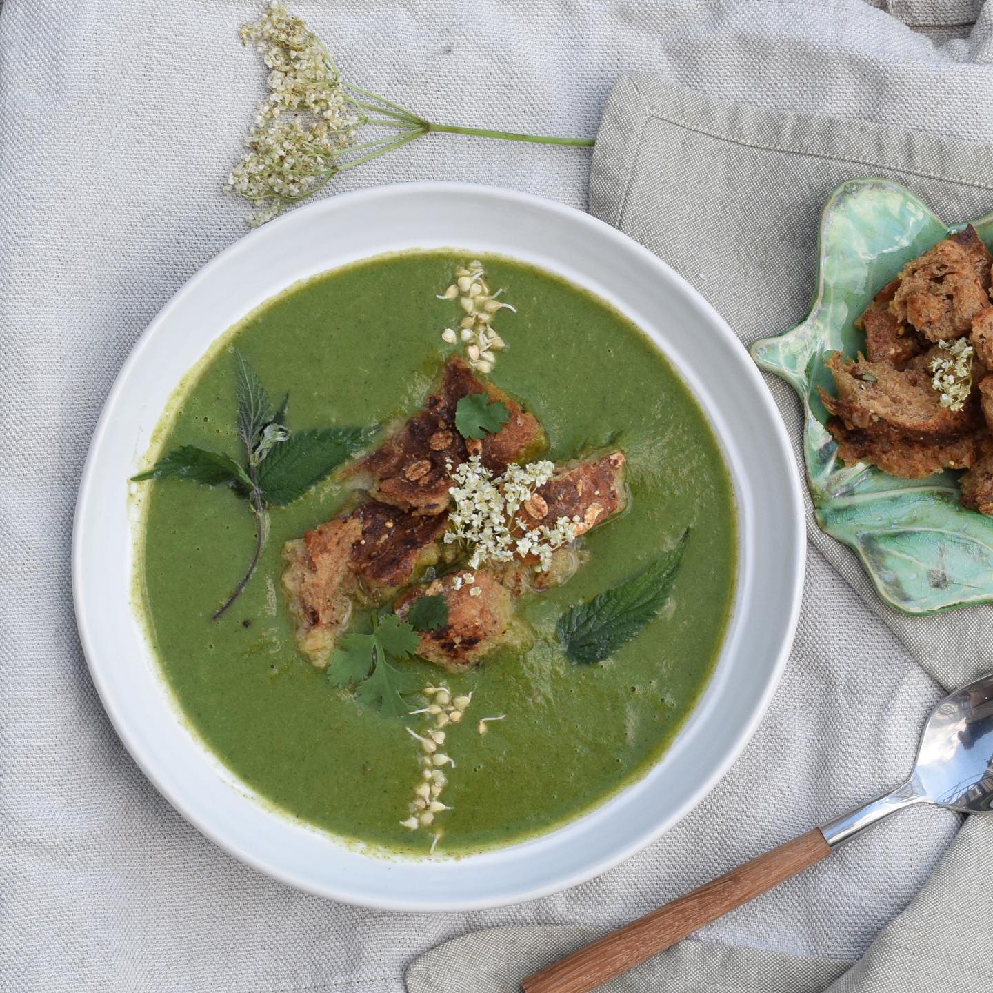 Nettle Spinach Elderflower Soup with Croutons