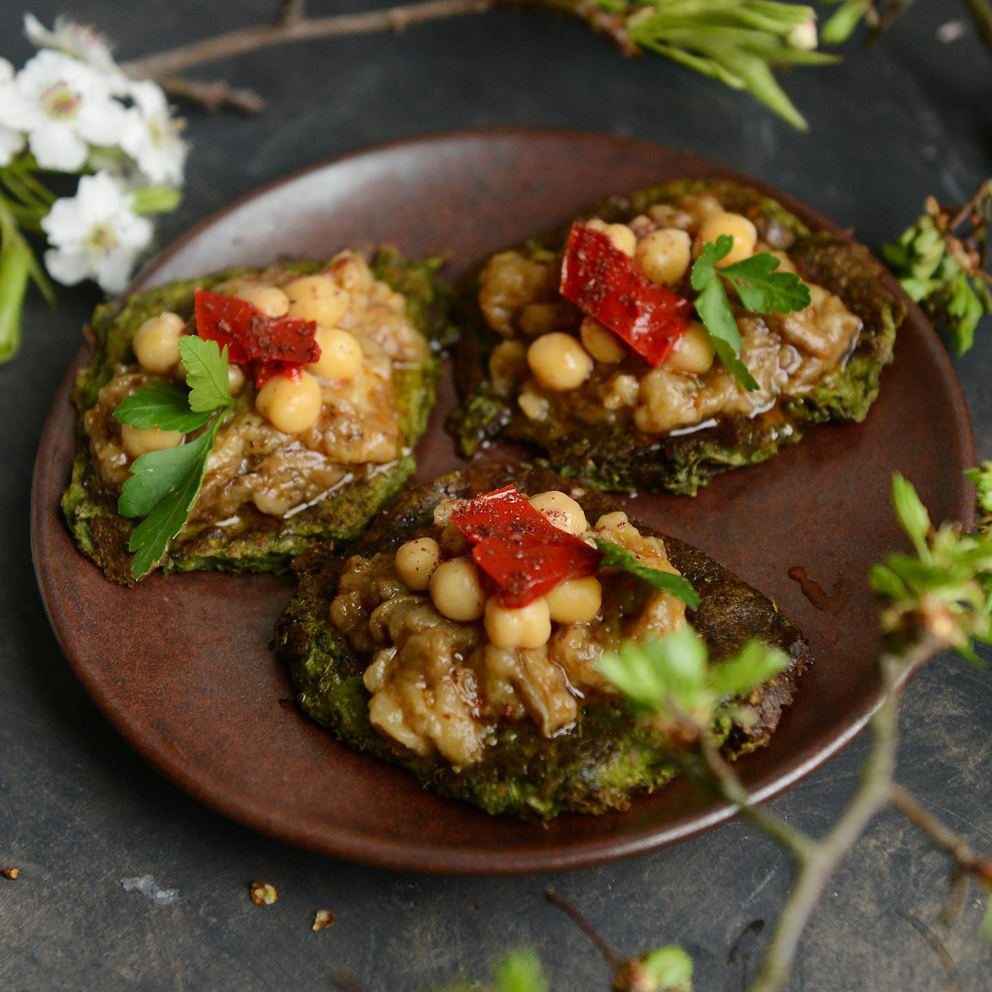 Spinach Pancakes with Aubergine and Grilled Pepper Spread