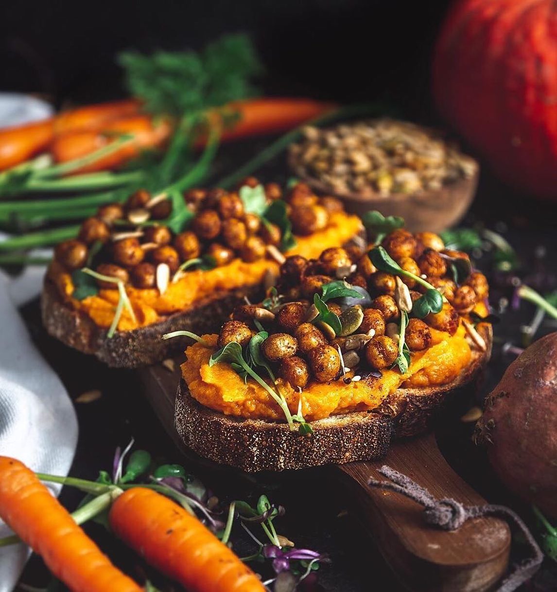 Spicy Carrot Sweet Potato Toast with Chickpeas